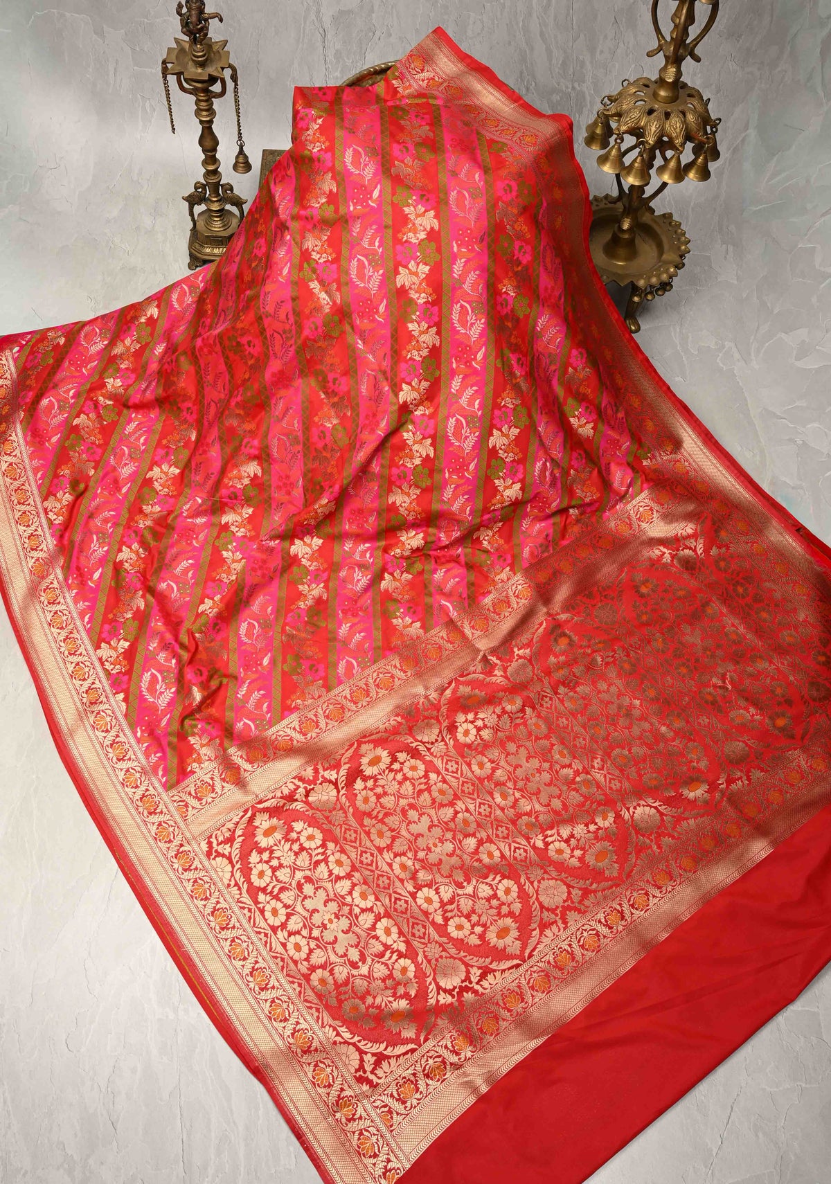 Red-Pink Rangkaat Style on Semi Silk Saree with Meenakari Diagonal Stripes and Zari Border | SHOBITAM