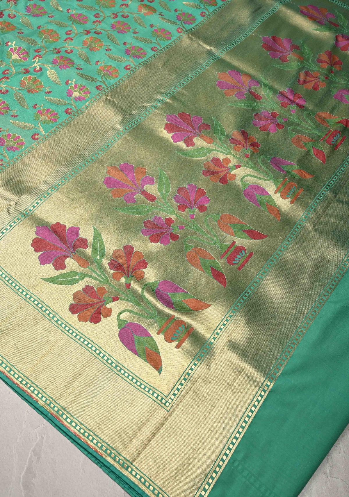 Sea Green Semi Silk Saree with Meenakari Floral Jaal and Zari Border | SHOBITAM