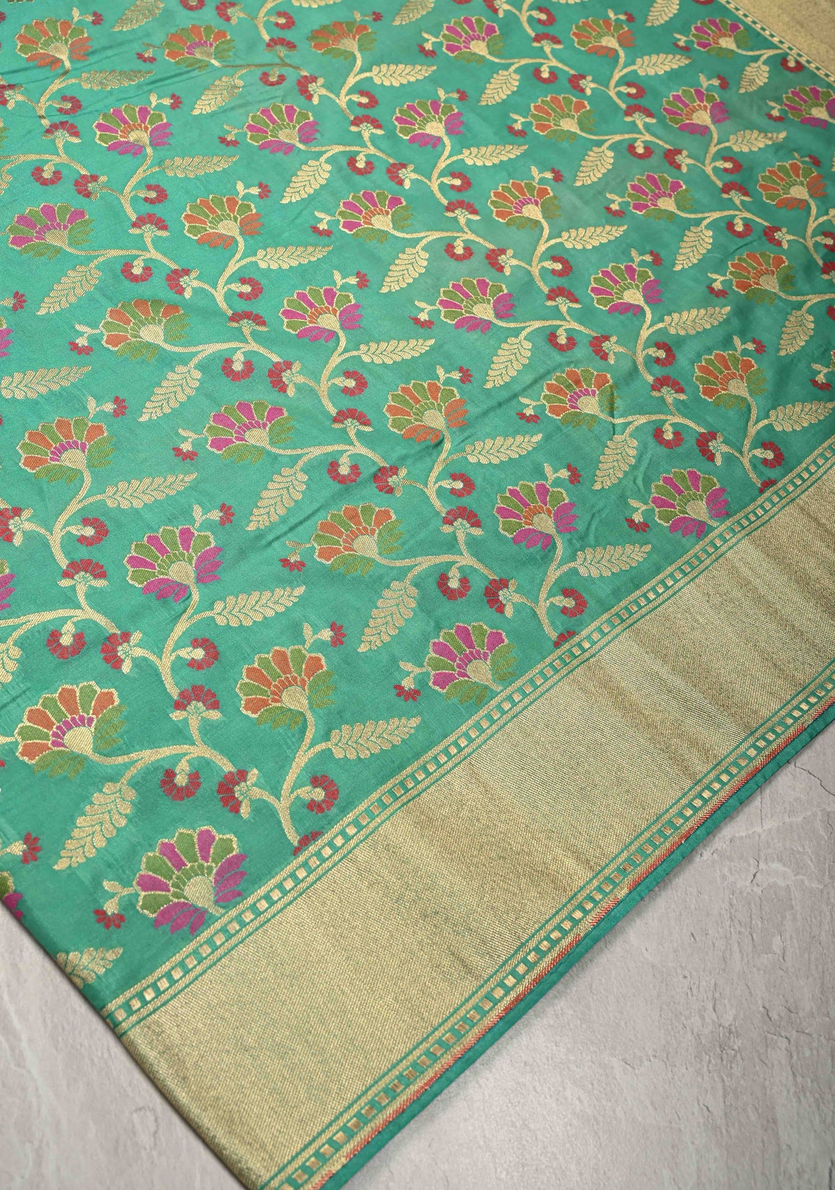 Sea Green Semi Silk Saree with Meenakari Floral Jaal and Zari Border | SHOBITAM