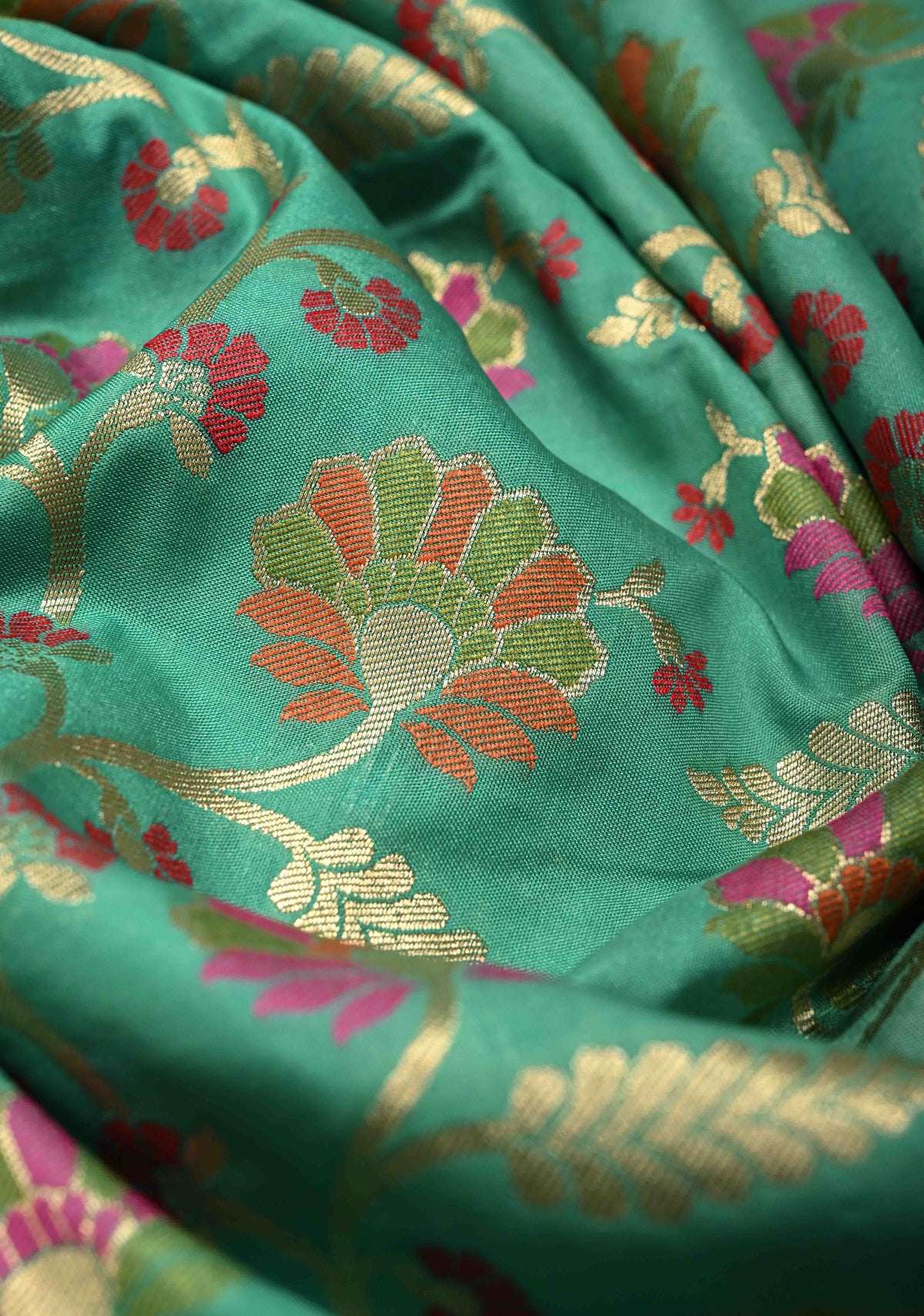 Sea Green Semi Silk Saree with Meenakari Floral Jaal and Zari Border | SHOBITAM