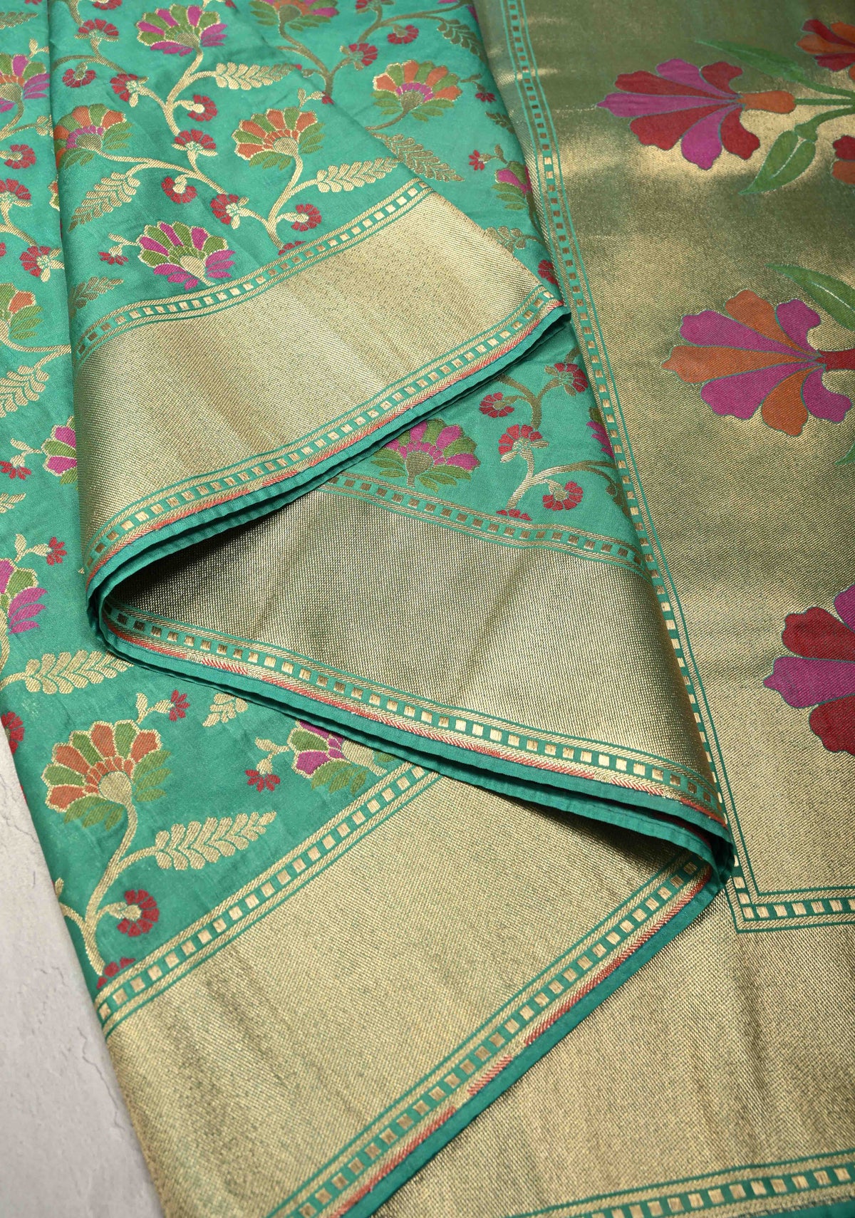 Sea Green Semi Silk Saree with Meenakari Floral Jaal and Zari Border | SHOBITAM
