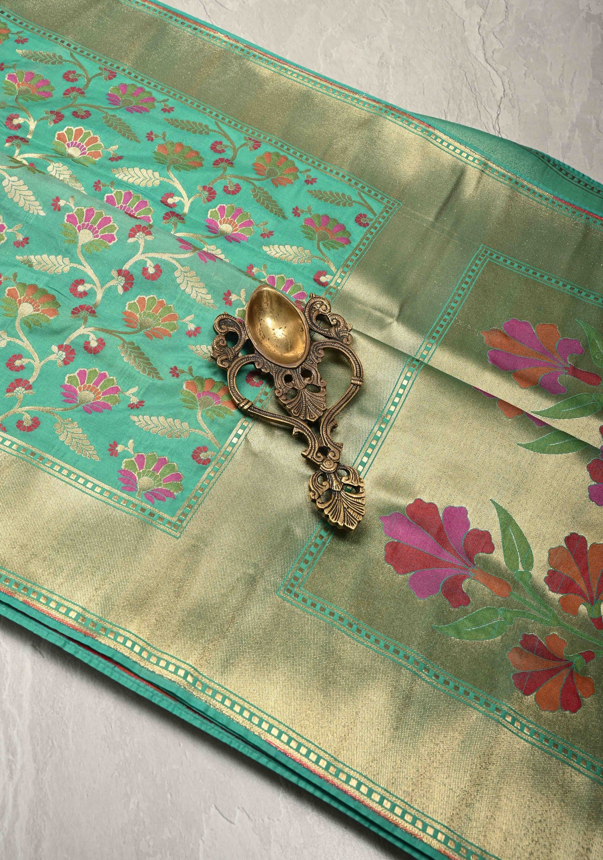 Sea Green Semi Silk Saree with Meenakari Floral Jaal and Zari Border | SHOBITAM