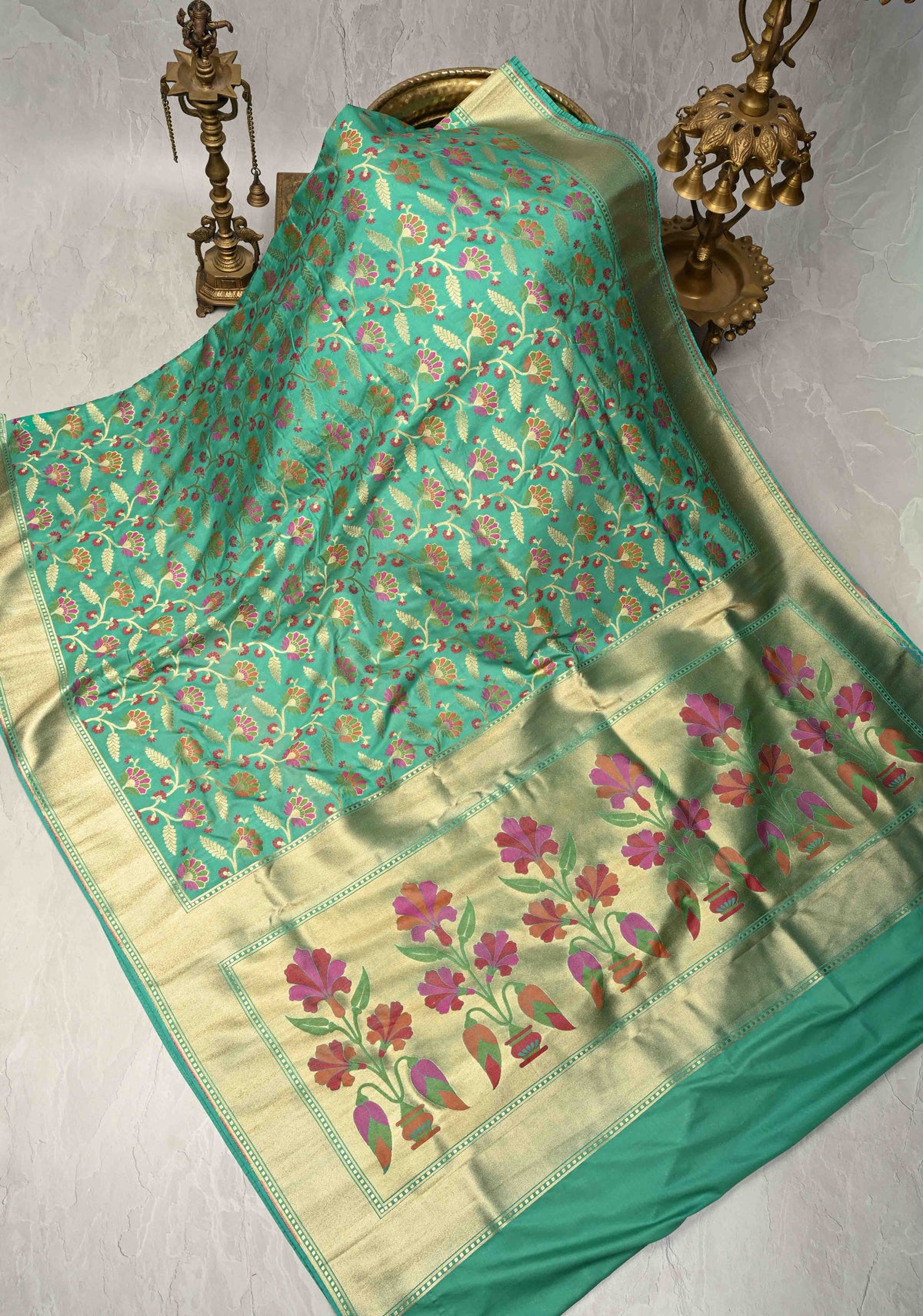 Sea Green Semi Silk Saree with Meenakari Floral Jaal and Zari Border | SHOBITAM