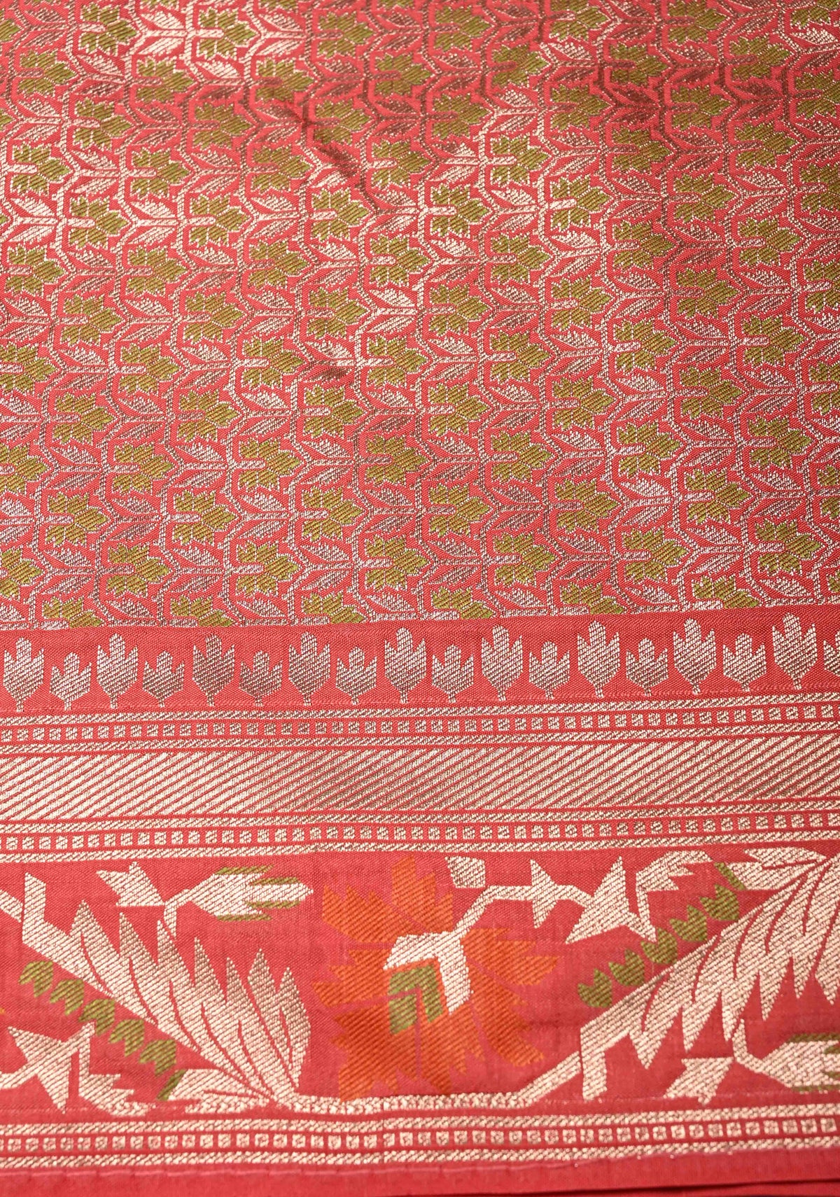 Coral Pink Semi Silk Saree with Meenakari Trellis Jaal and Zari Border | SHOBITAM