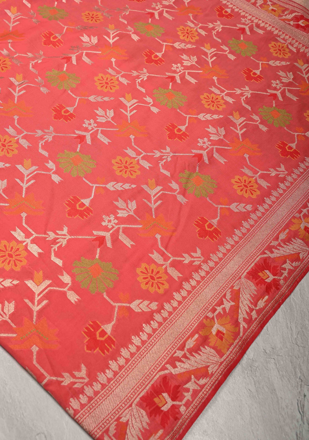 Coral Pink Semi Silk Saree with Meenakari Trellis Jaal and Zari Border | SHOBITAM