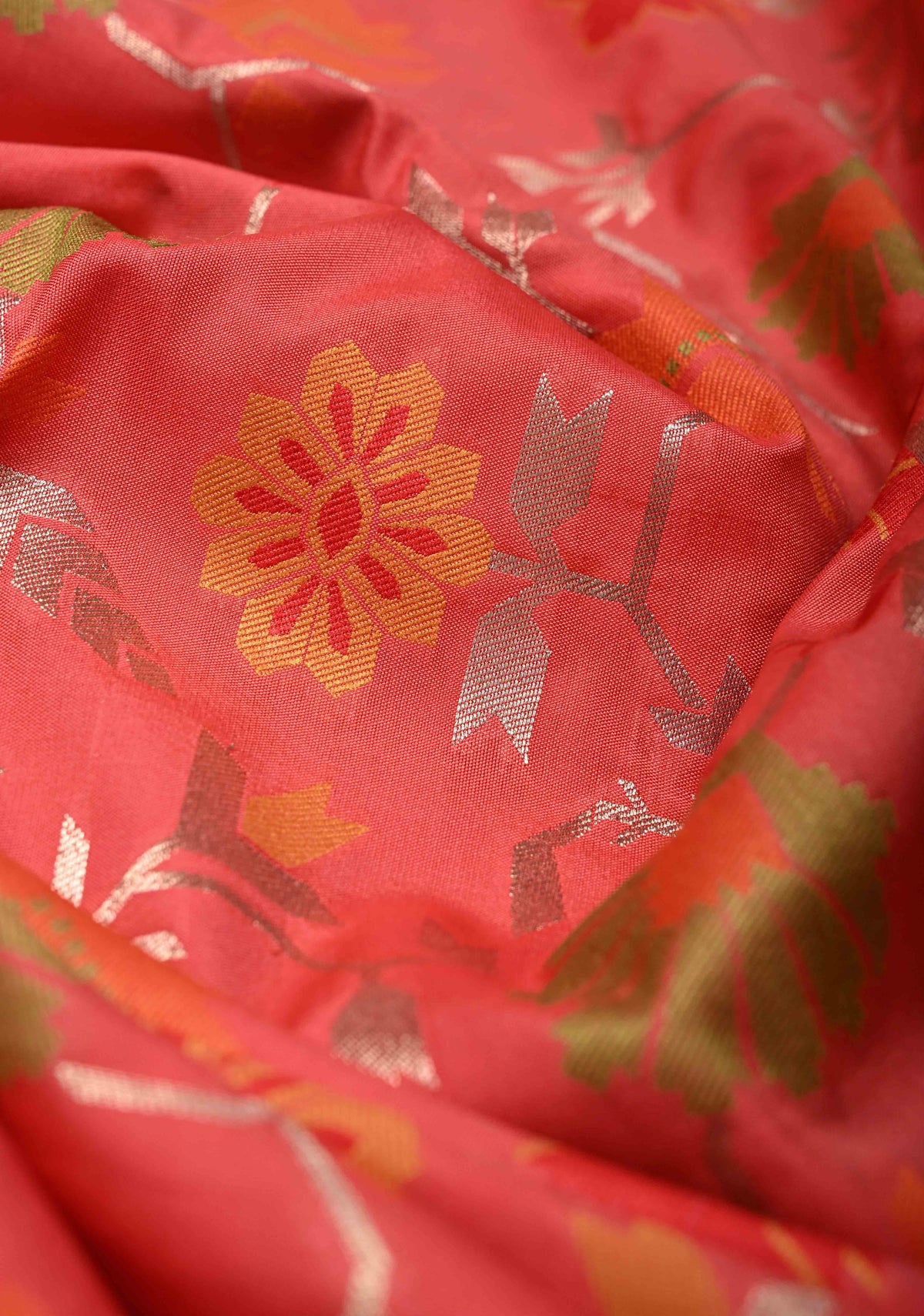 Coral Pink Semi Silk Saree with Meenakari Trellis Jaal and Zari Border | SHOBITAM