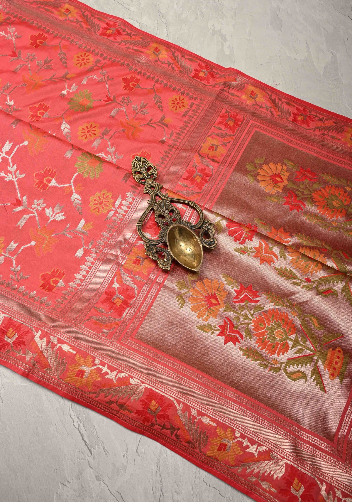 Coral Pink Semi Silk Saree with Meenakari Trellis Jaal and Zari Border | SHOBITAM