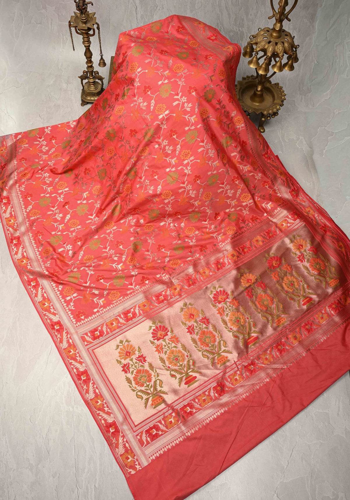 Coral Pink Semi Silk Saree with Meenakari Trellis Jaal and Zari Border | SHOBITAM