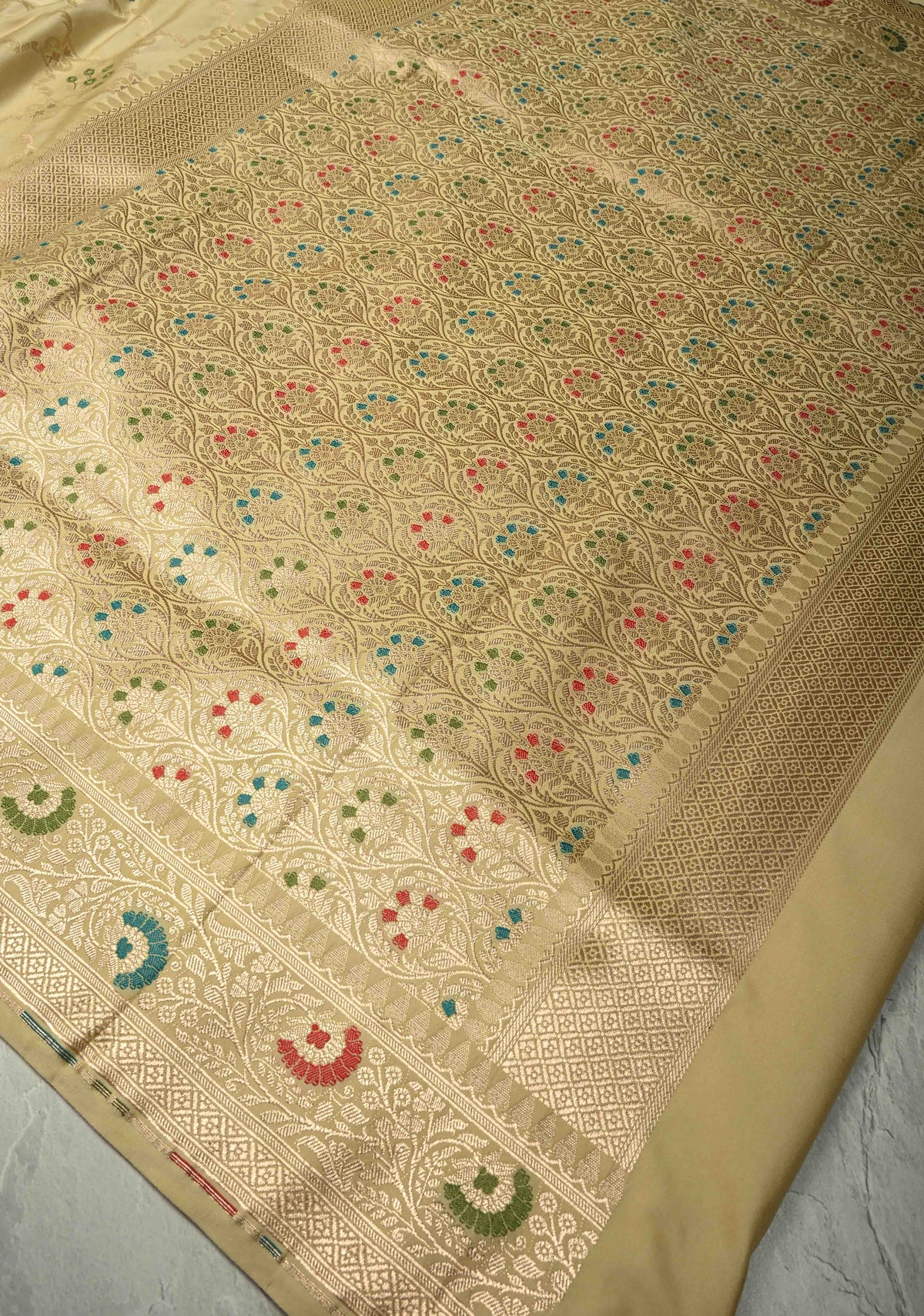 Cream Meenakari Detailing on Banarasi Semi Mashru Silk Saree With Floral Brocade and Zari Border | SHOBITAM