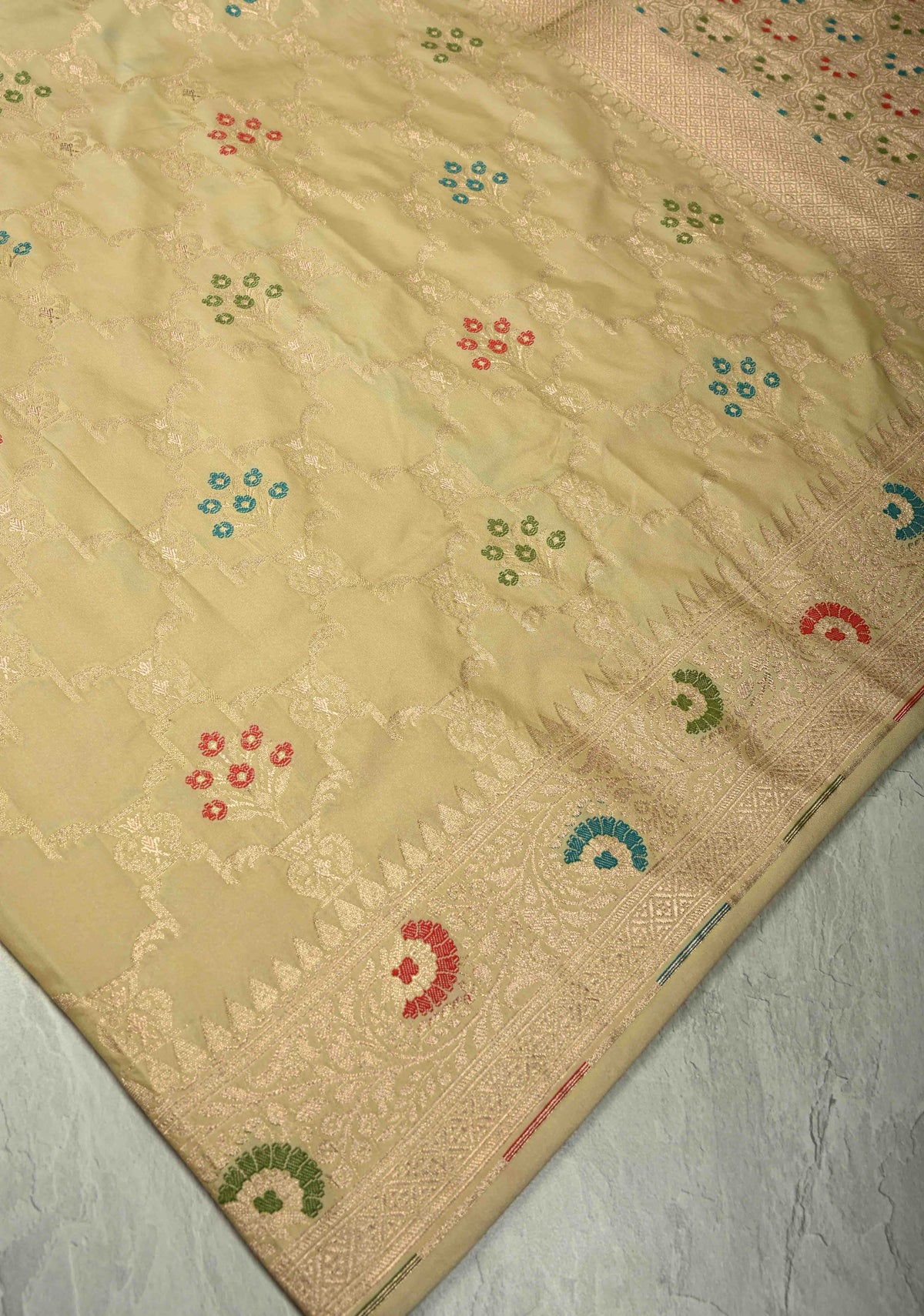 Cream Meenakari Detailing on Banarasi Semi Mashru Silk Saree With Floral Brocade and Zari Border | SHOBITAM