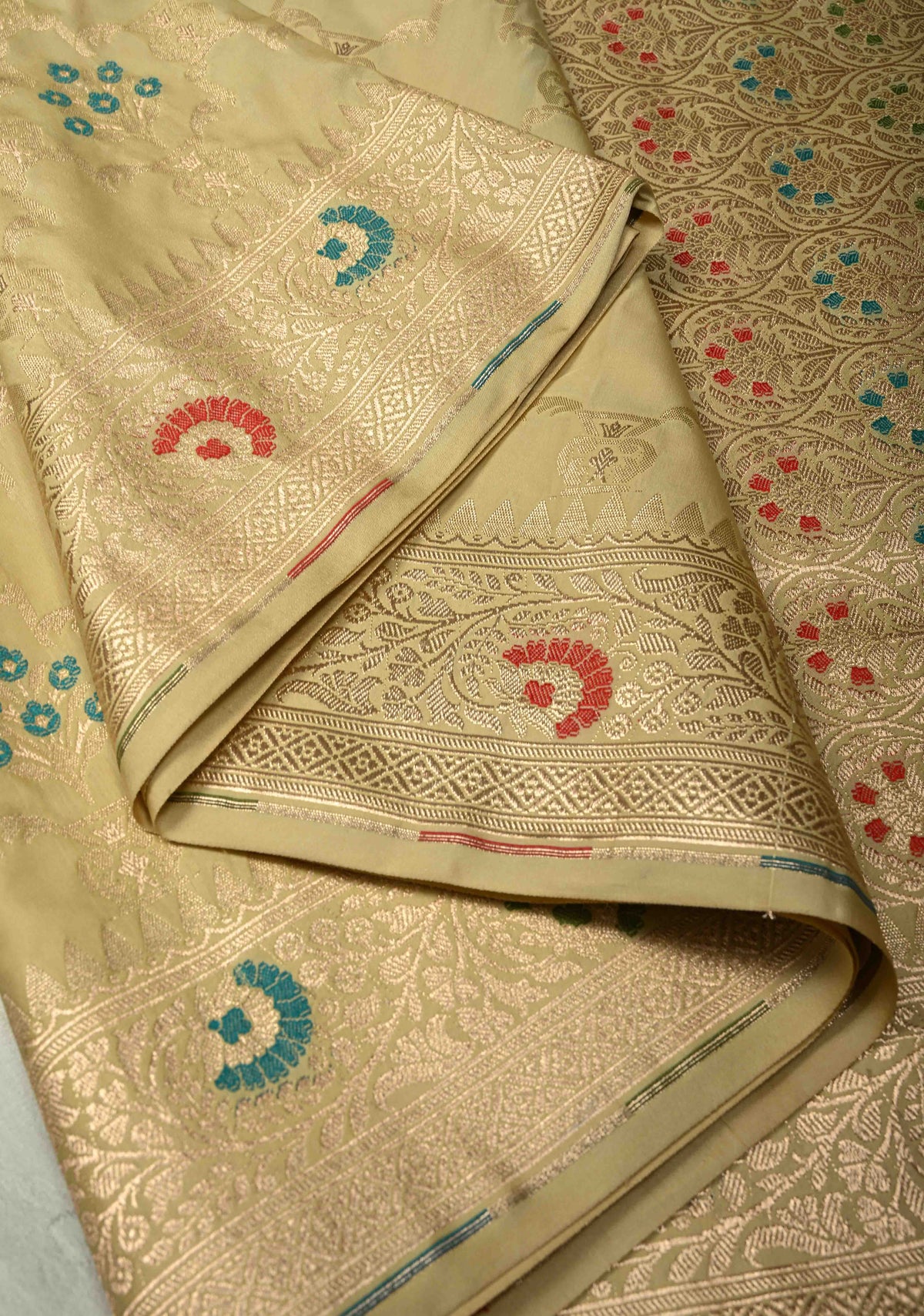 Cream Meenakari Detailing on Banarasi Semi Mashru Silk Saree With Floral Brocade and Zari Border | SHOBITAM