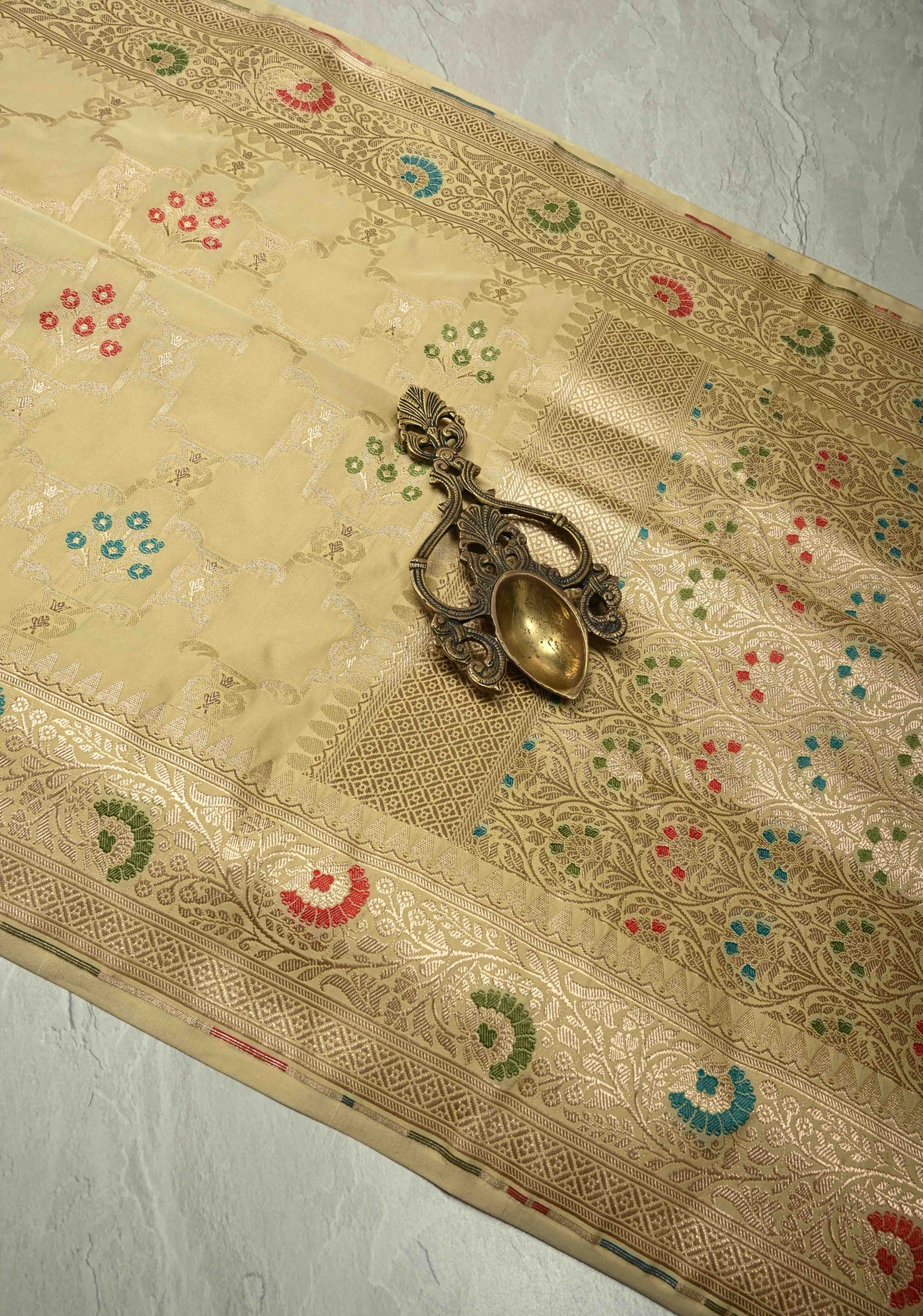 Cream Meenakari Detailing on Banarasi Semi Mashru Silk Saree With Floral Brocade and Zari Border | SHOBITAM