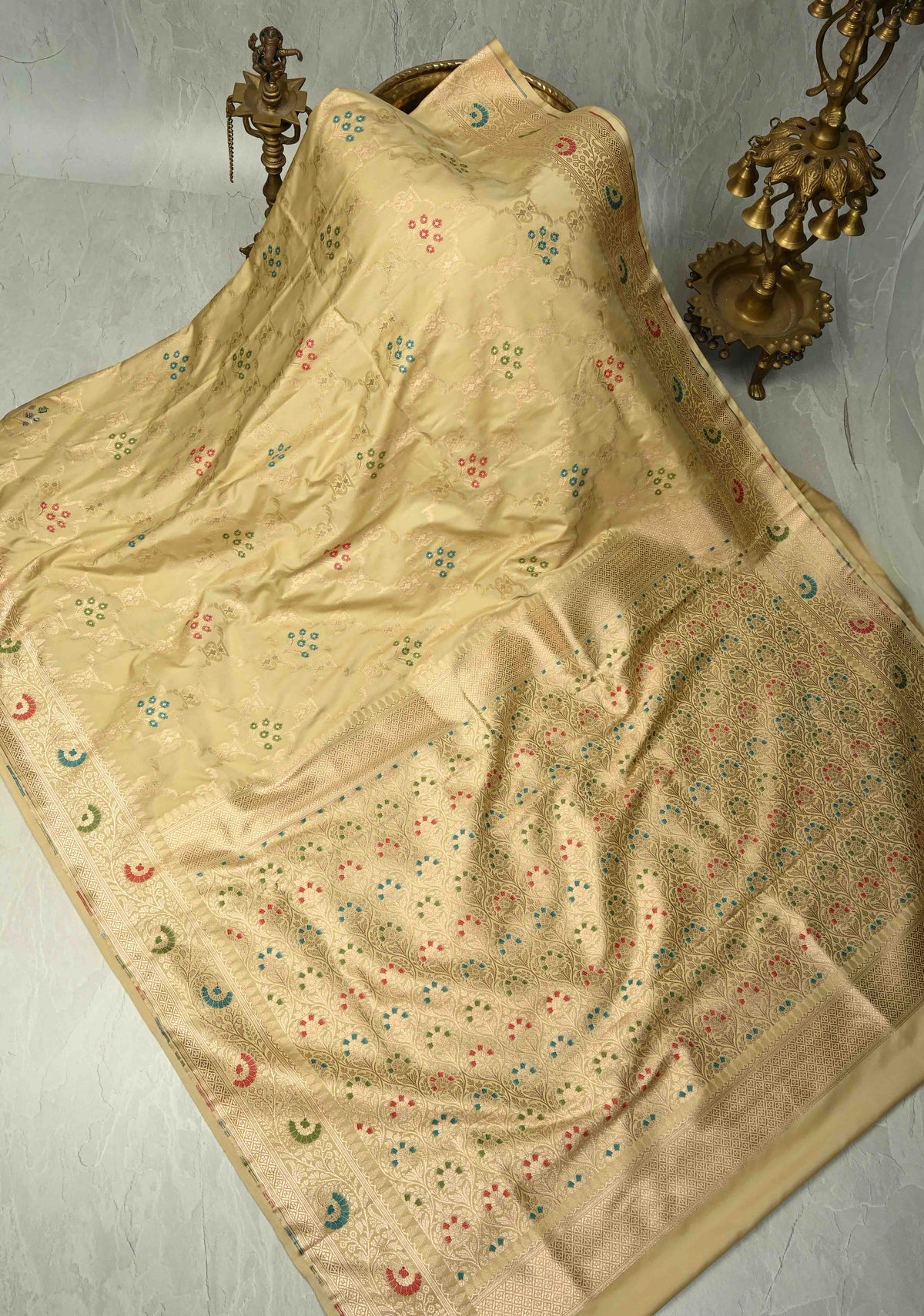 Cream Meenakari Detailing on Banarasi Semi Mashru Silk Saree With Floral Brocade and Zari Border | SHOBITAM