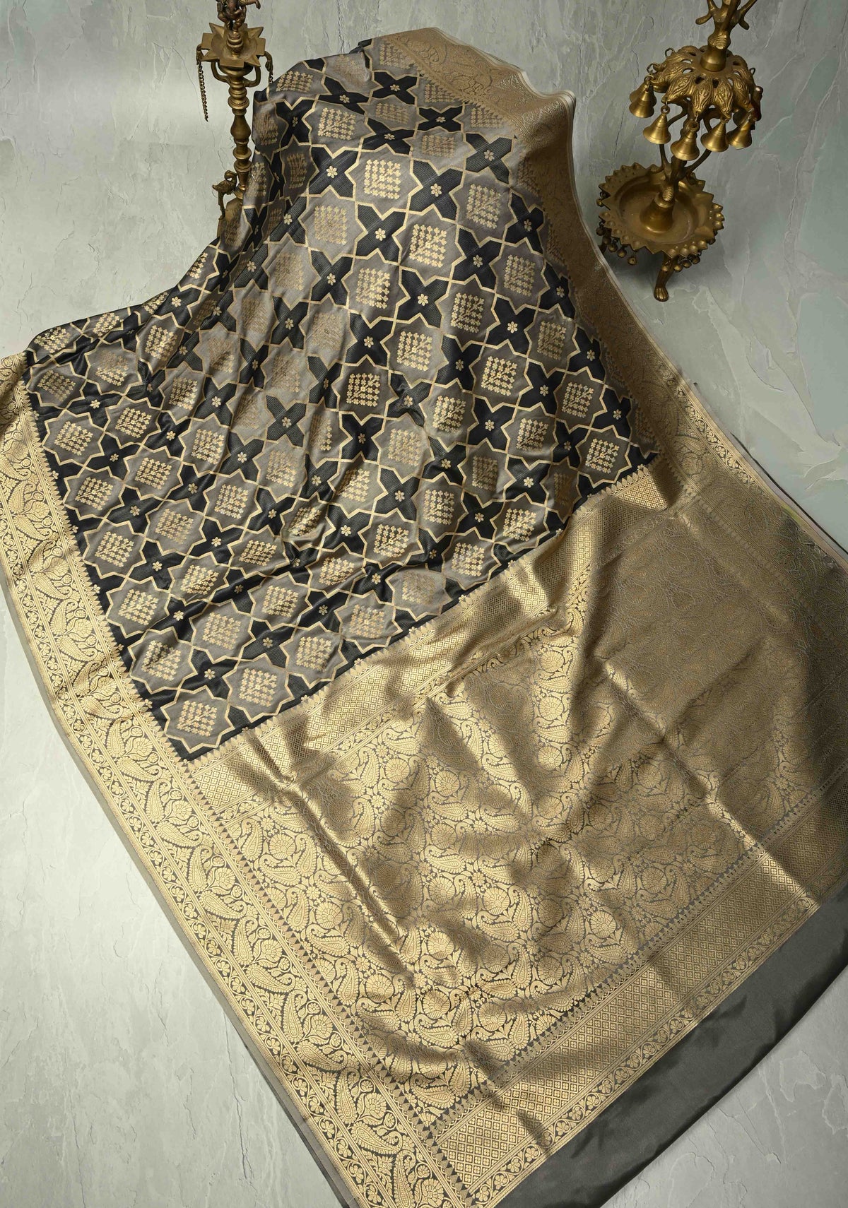 Black-Gray Banarasi Vertical Stripes Semi Mashru Silk Saree with Geometric Brocade and Zari Border | SHOBITAM