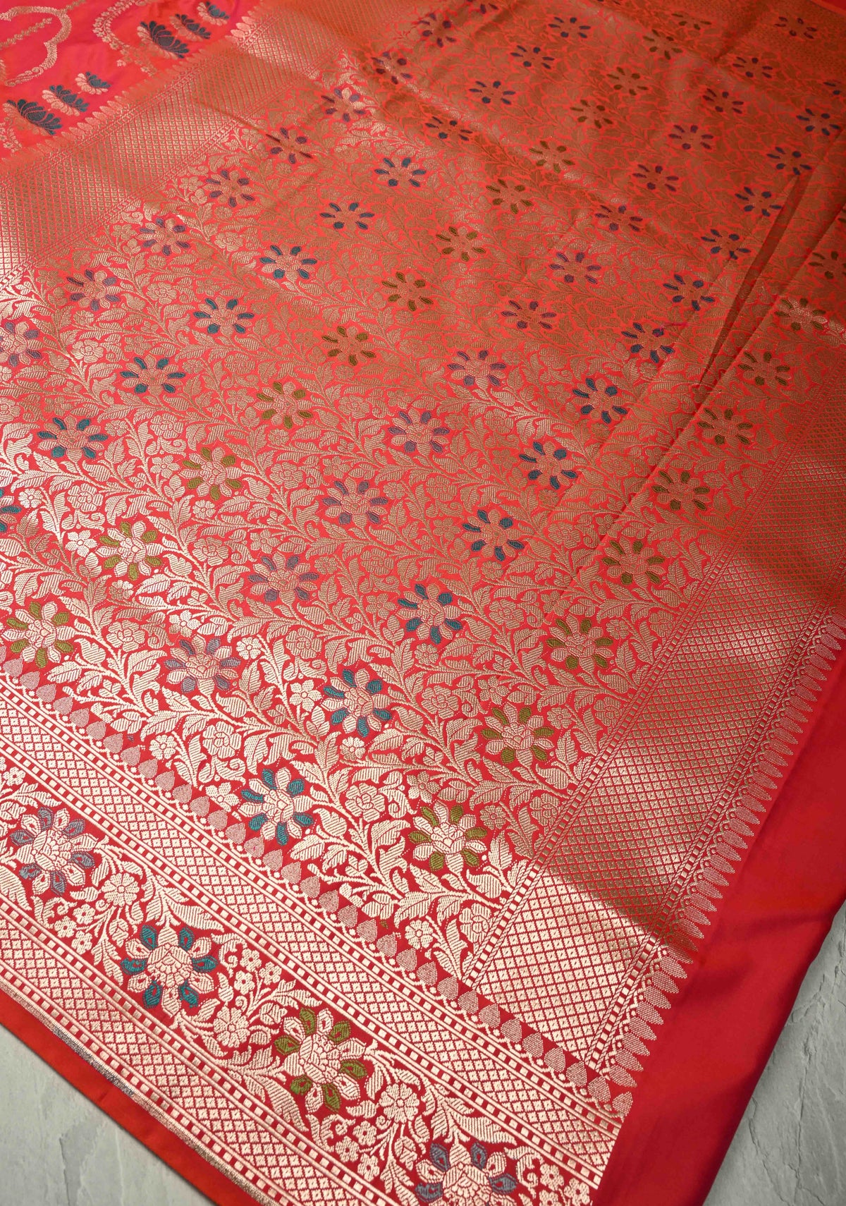 Pink Orange  Dual Tone Meenakari Detailing on Banarasi Semi Mashru Silk Saree With Floral jaal Brocade and Zari Border | SHOBITAM