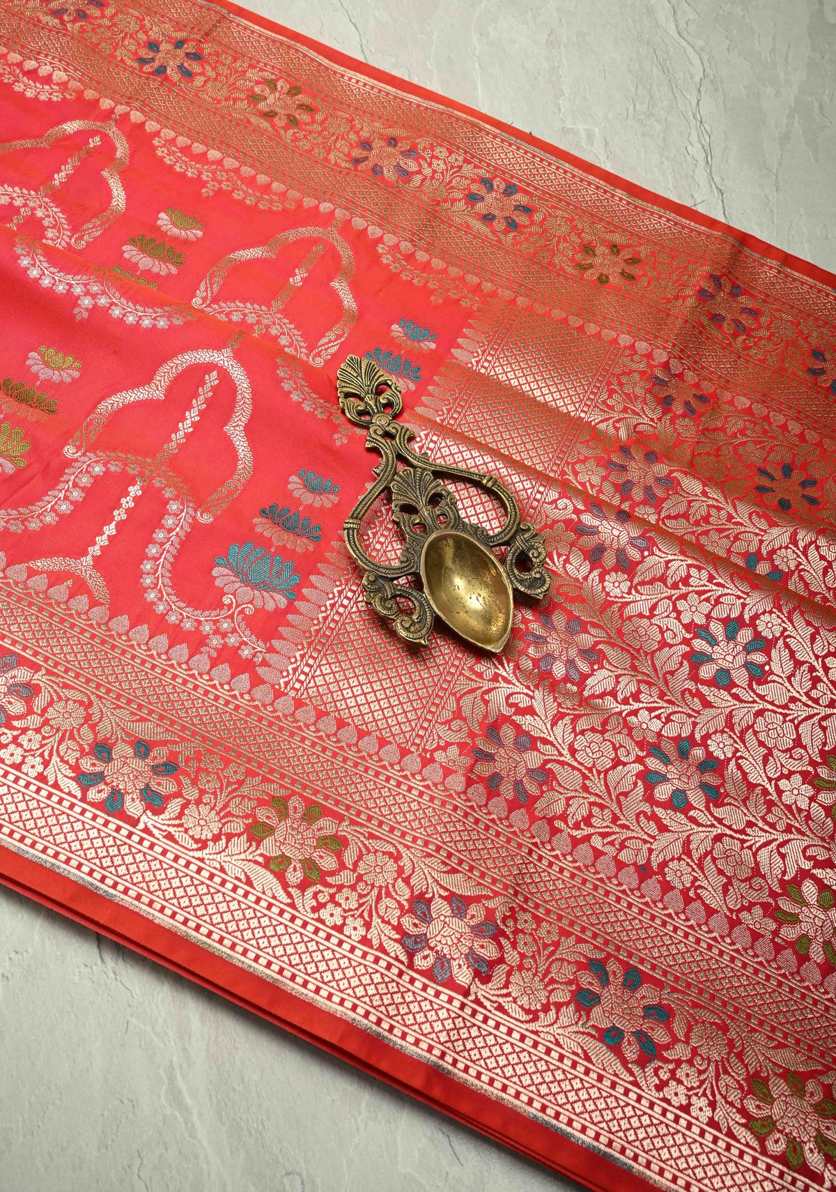 Pink Orange  Dual Tone Meenakari Detailing on Banarasi Semi Mashru Silk Saree With Floral jaal Brocade and Zari Border | SHOBITAM