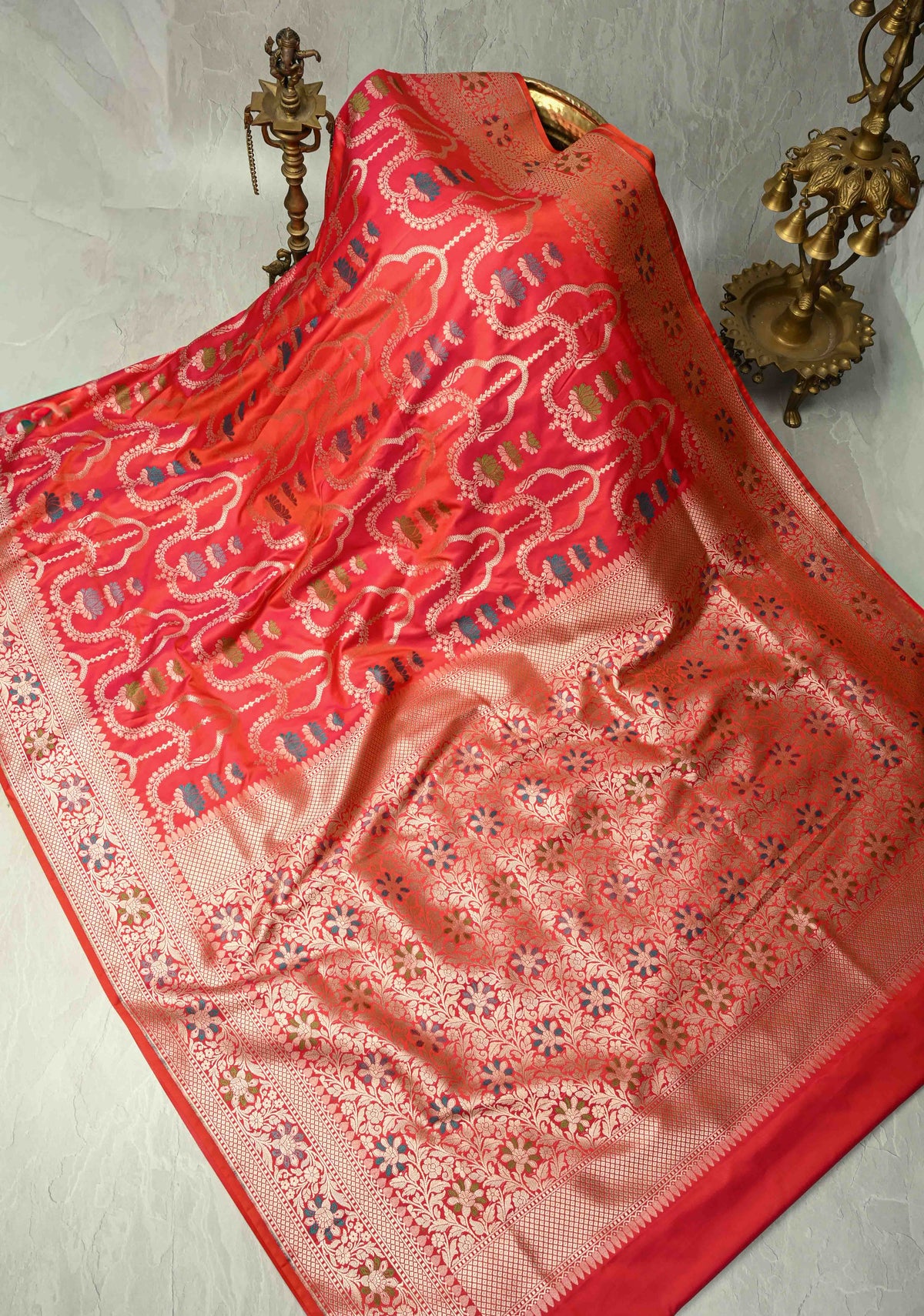 Pink Orange  Dual Tone Meenakari Detailing on Banarasi Semi Mashru Silk Saree With Floral jaal Brocade and Zari Border | SHOBITAM