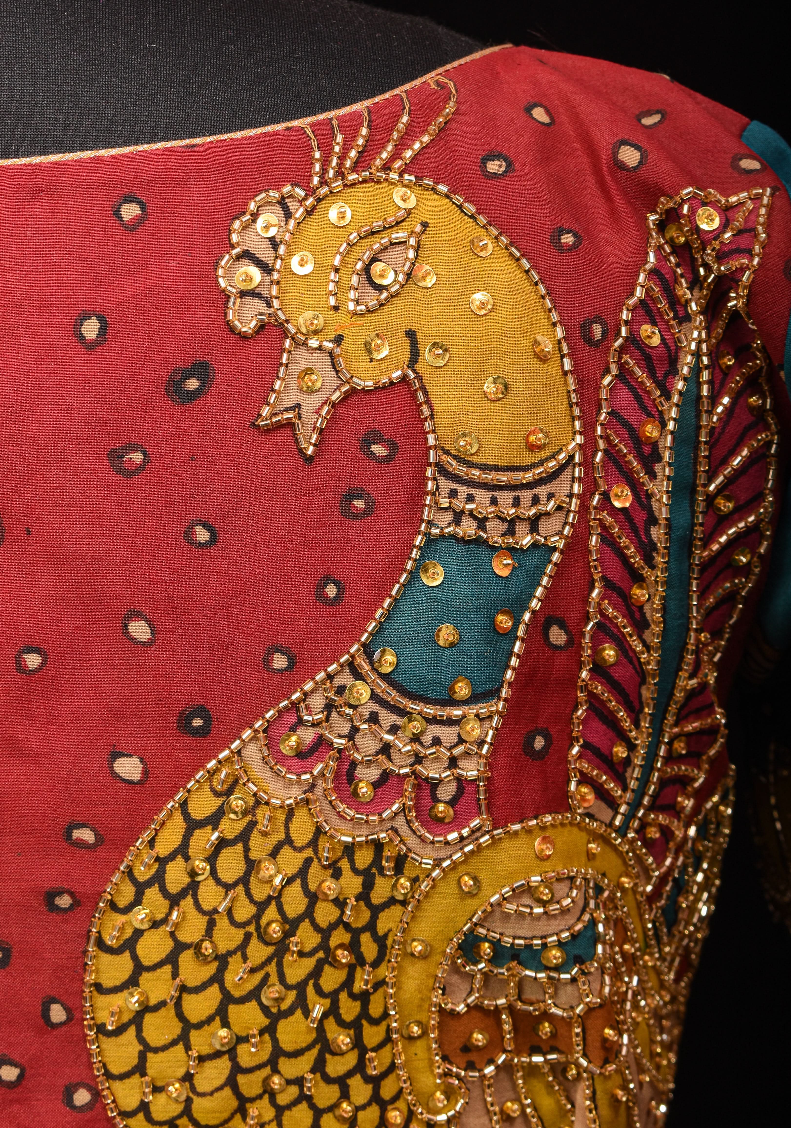 Pen Kalamkari And Cutdana Handwork Blouse in Blue and Red, Made to Order | Shobitam