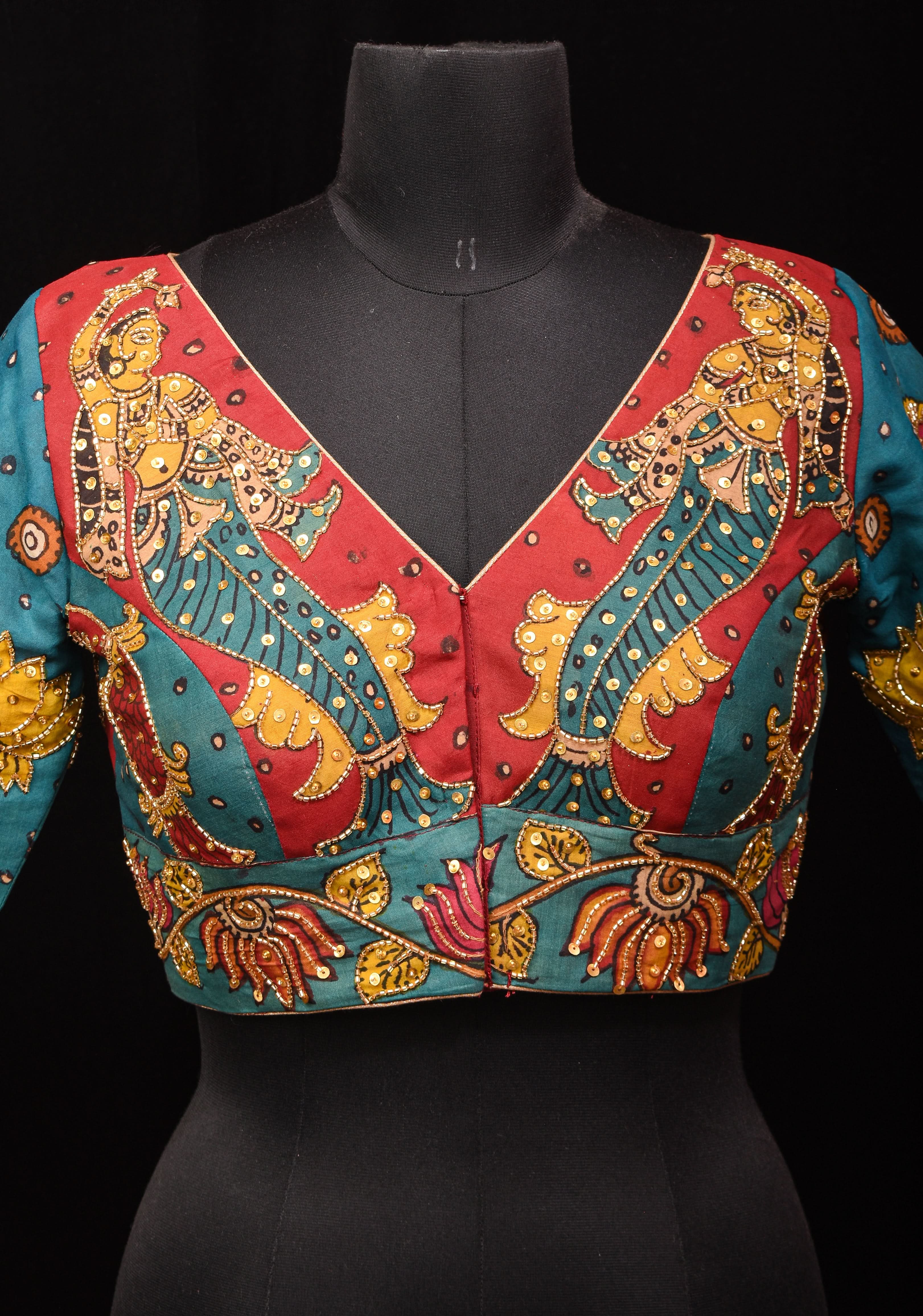 Pen Kalamkari And Cutdana Handwork Blouse in Blue and Red, Made to Order | Shobitam