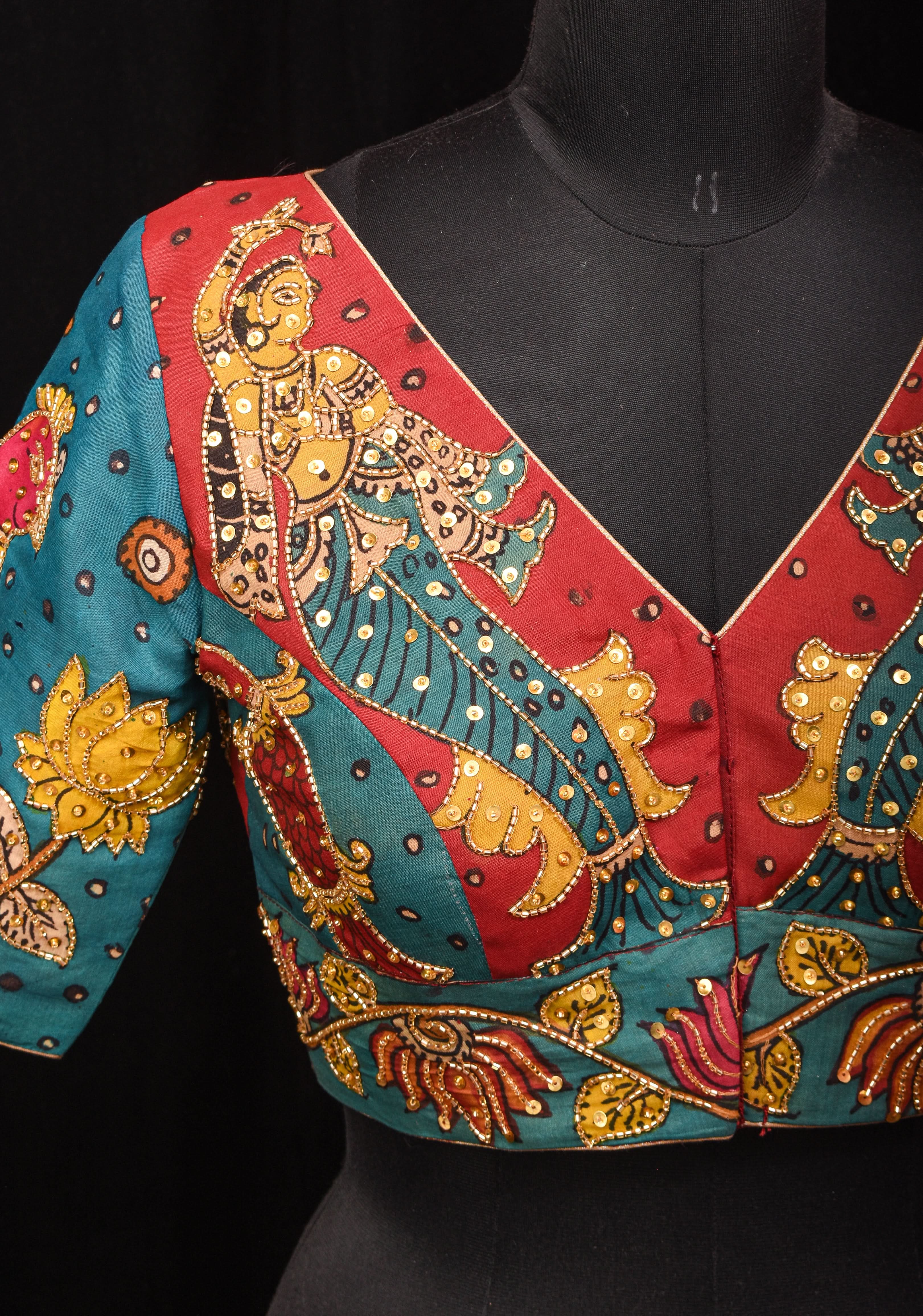 Pen Kalamkari And Cutdana Handwork Blouse in Blue and Red, Made to Order | Shobitam