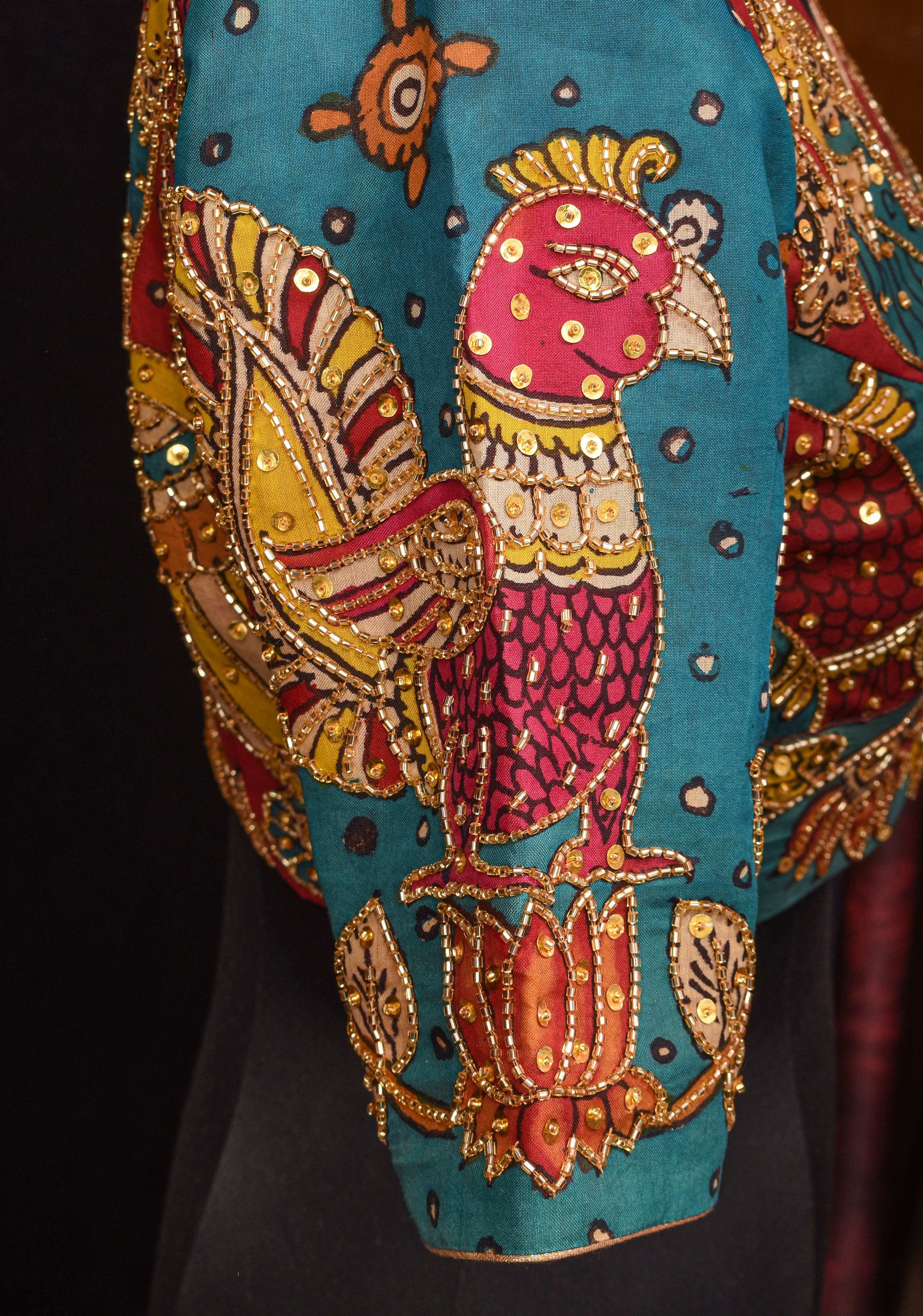 Pen Kalamkari And Cutdana Handwork Blouse in Blue and Red, Made to Order | Shobitam