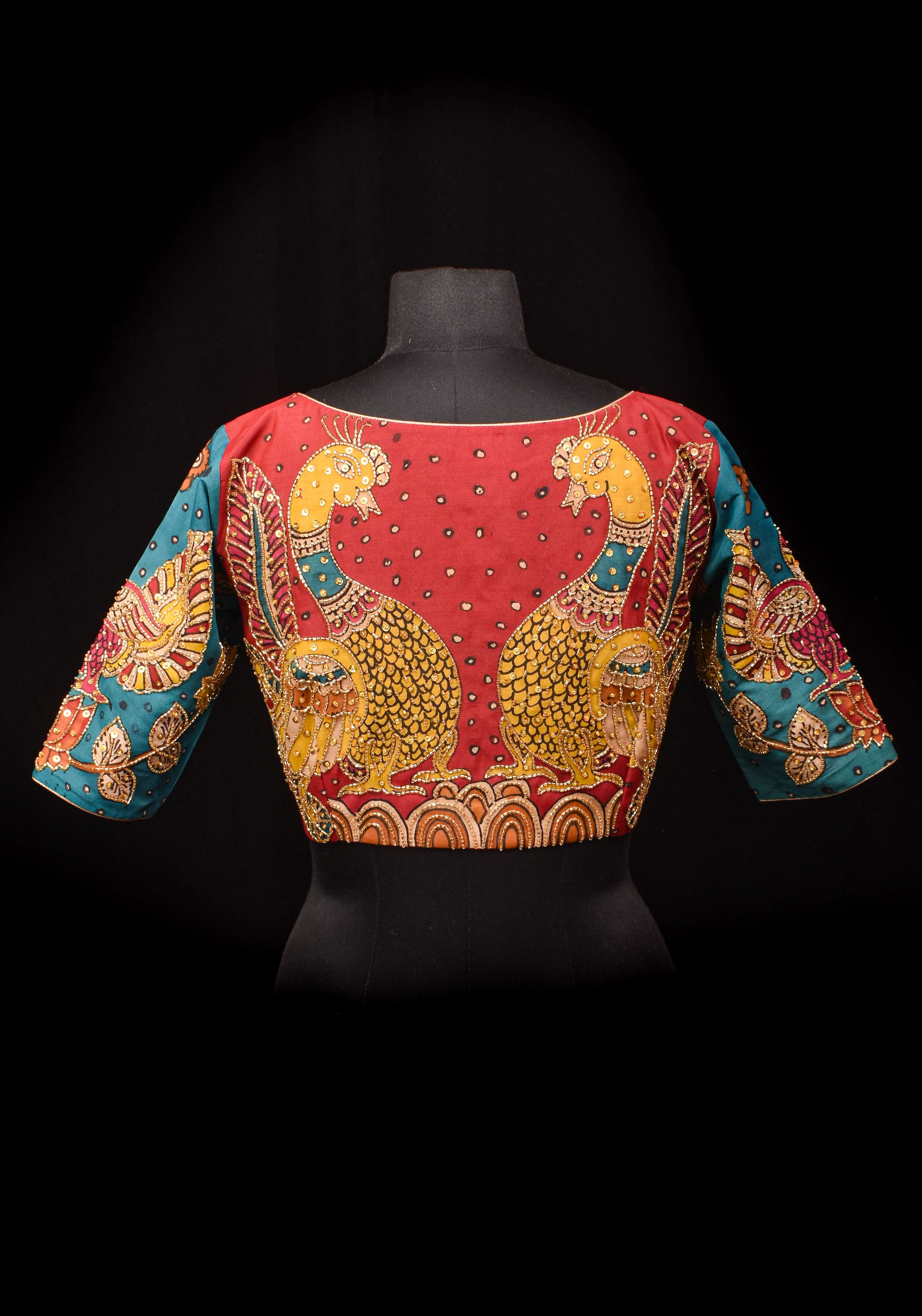Pen Kalamkari And Cutdana Handwork Blouse in Blue and Red, Made to Order | Shobitam