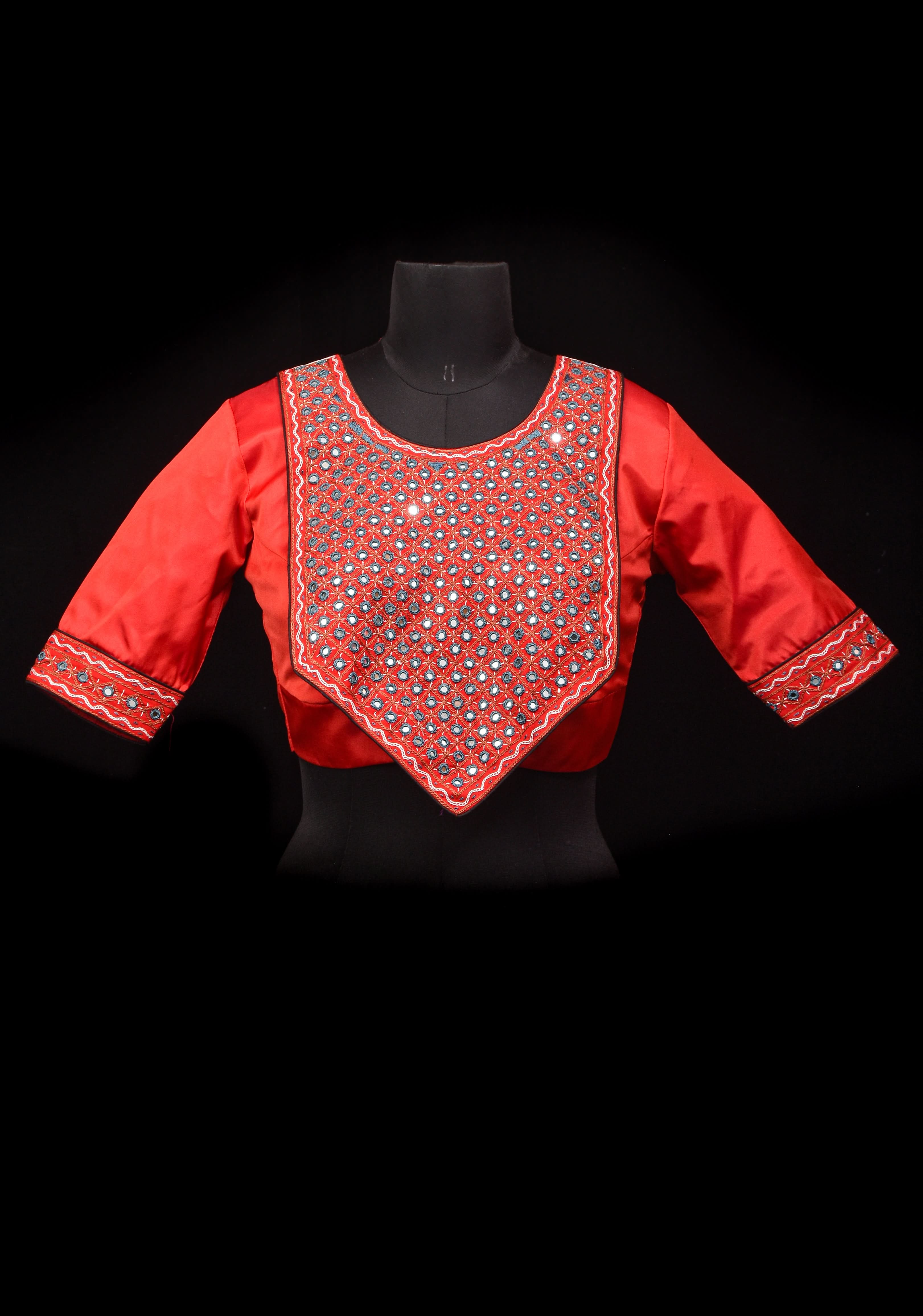 Banjaran Flap Yoke Style Red Mirrorwork Blouse, Made to Order | Shobitam