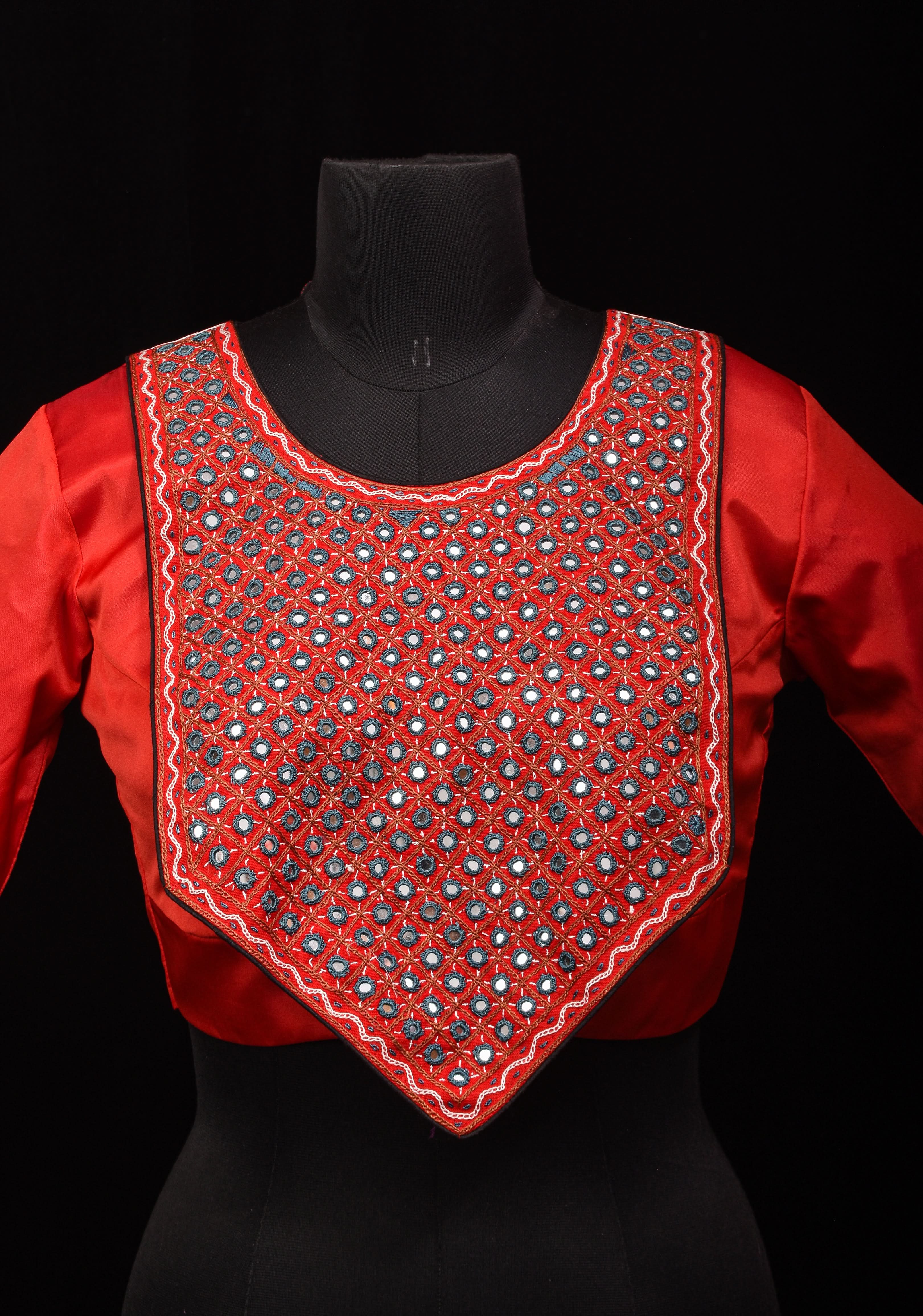 Banjaran Flap Yoke Style Red Mirrorwork Blouse, Made to Order | Shobitam