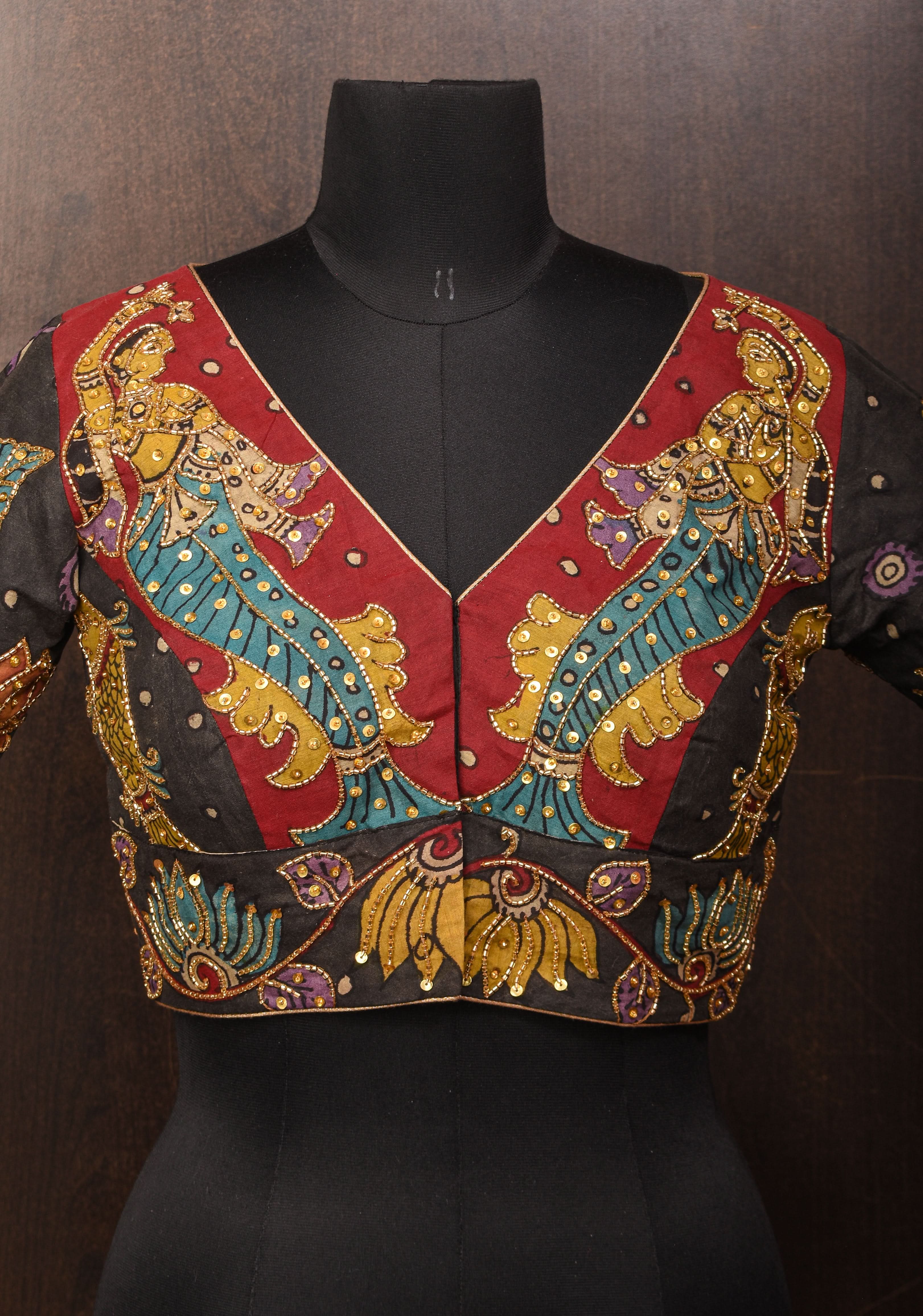 Maroon and Black Kalamkari Embroidery Blouse with Cutdana Work Detailings | SHOBITAM
