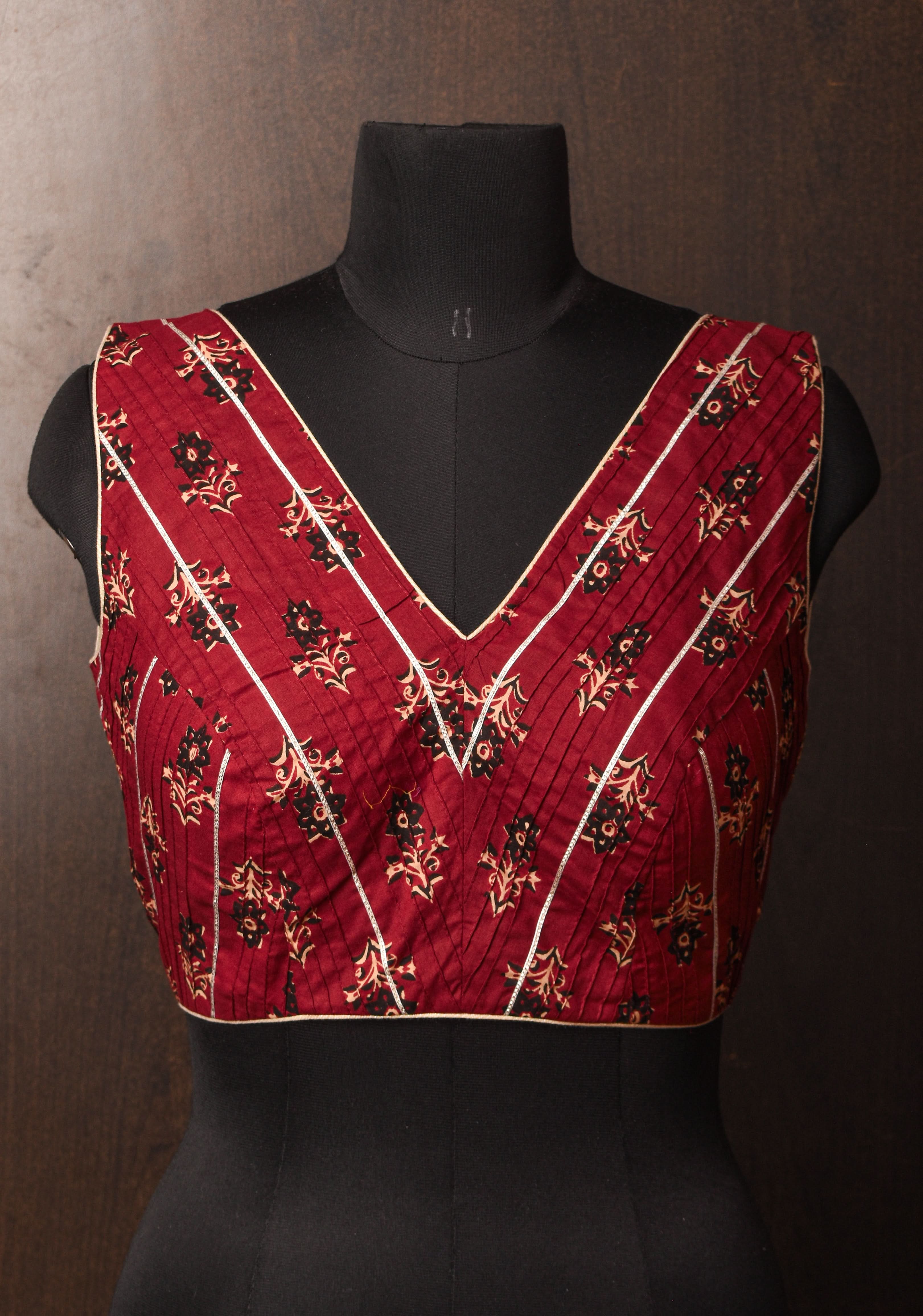 Made To Order: Red Pintuck with Lace work V neck Front Blouse | Shobitam