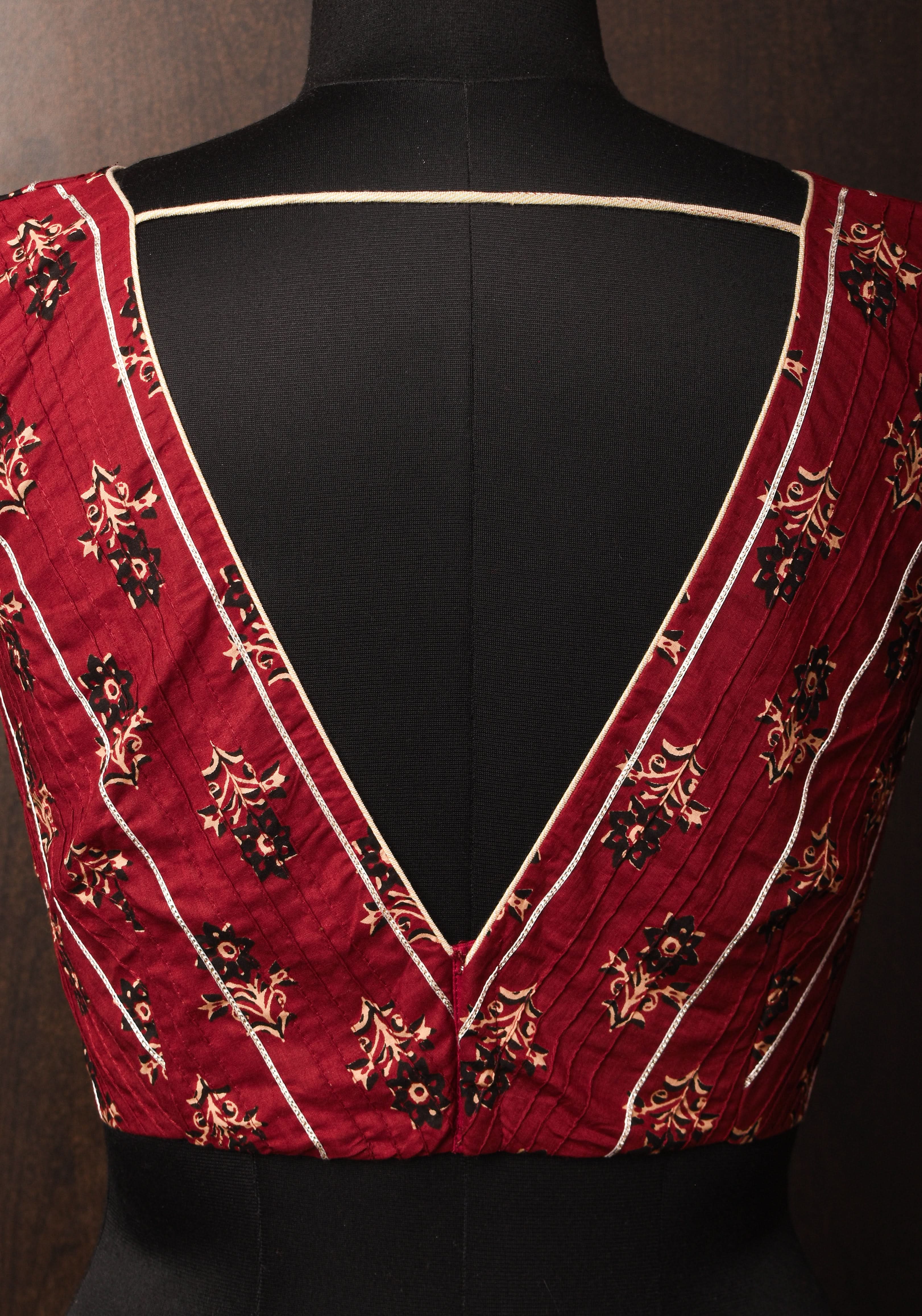 Made To Order: Red Pintuck with Lace work V neck Front Blouse | Shobitam