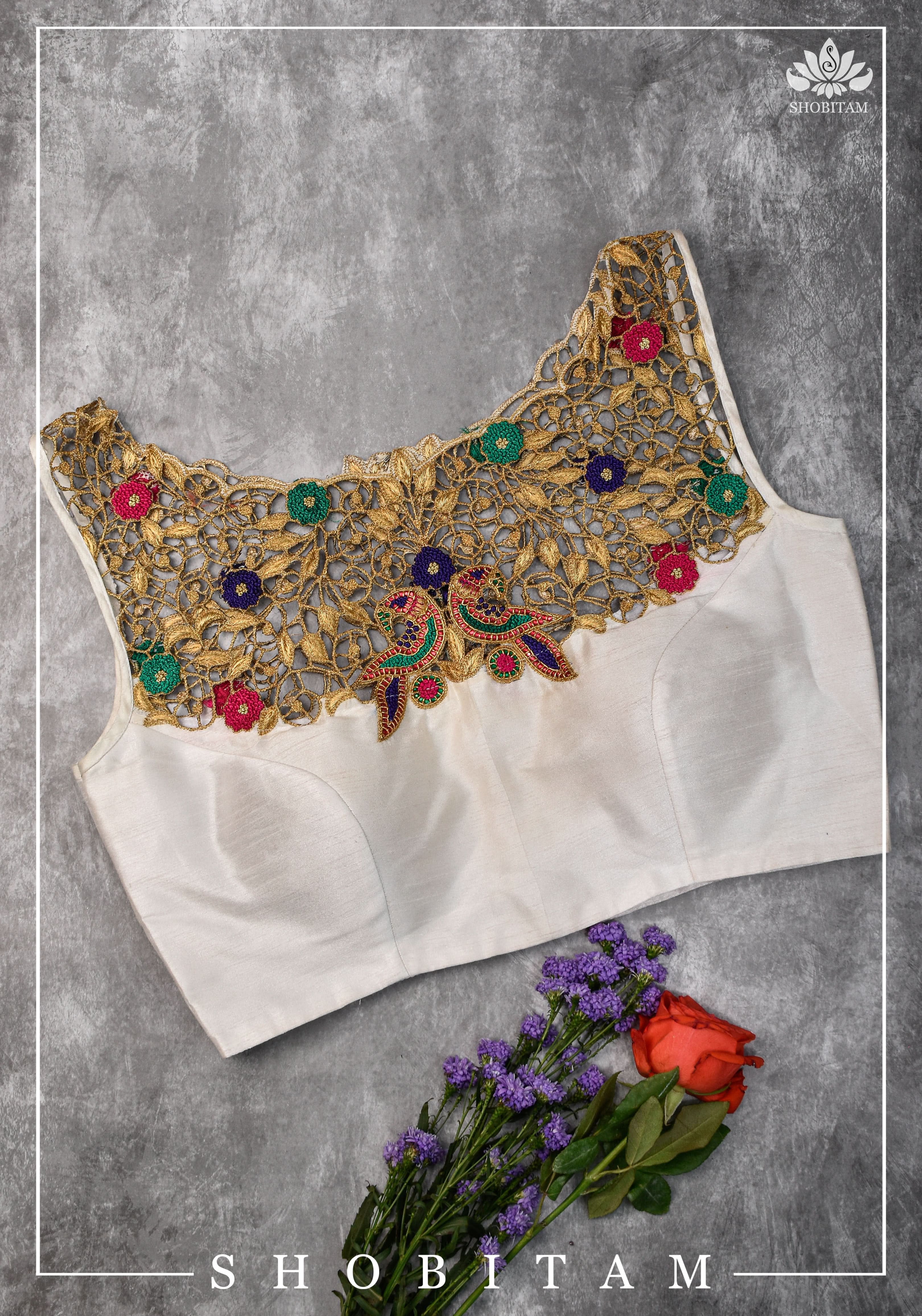 Make your own size: Hand Cutwork Yoke raw Silk Blouse with meenakari resham |Shobitam Blouse