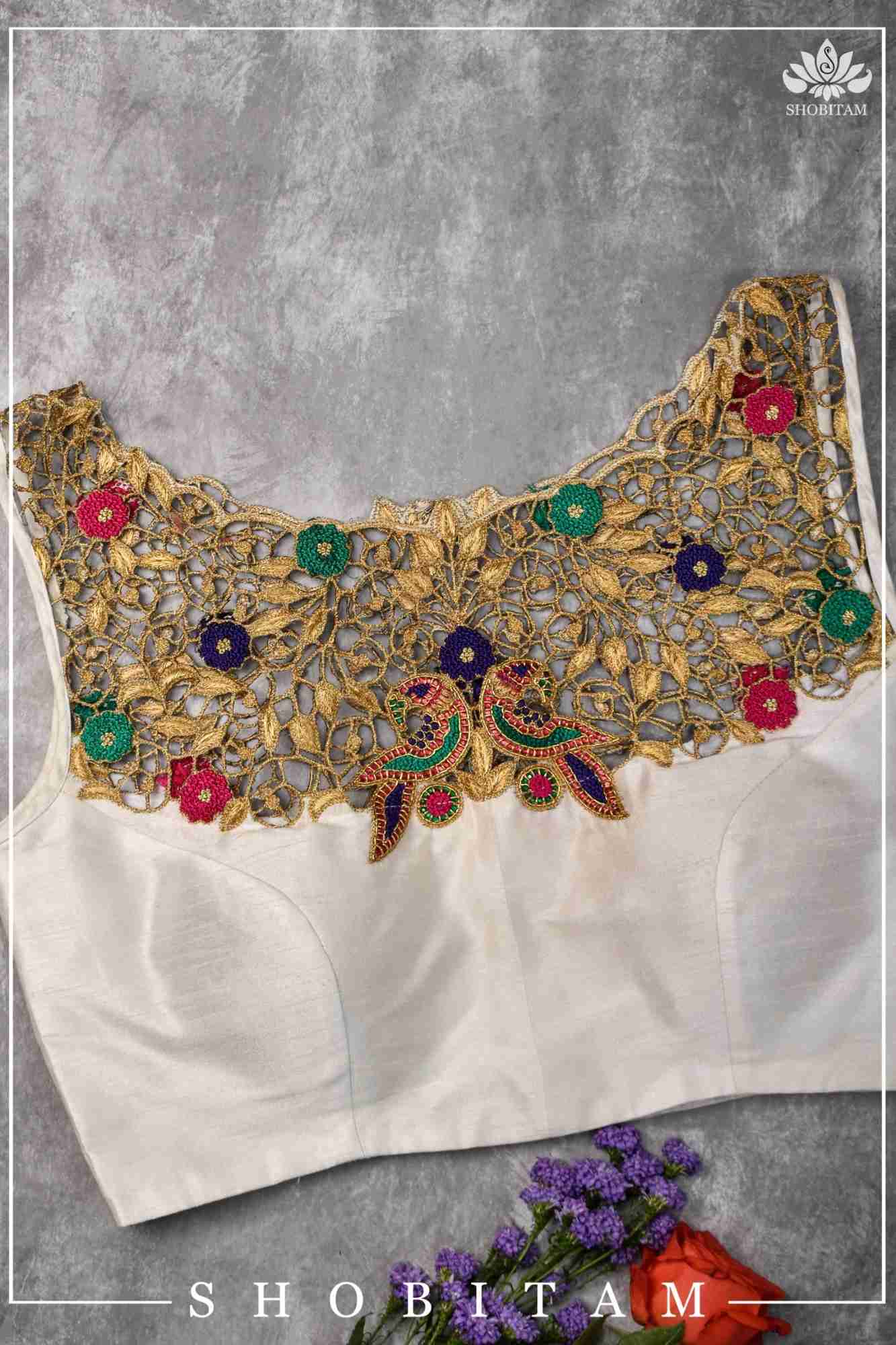 Make your own size: Hand Cutwork Yoke raw Silk Blouse with meenakari resham |Shobitam Blouse