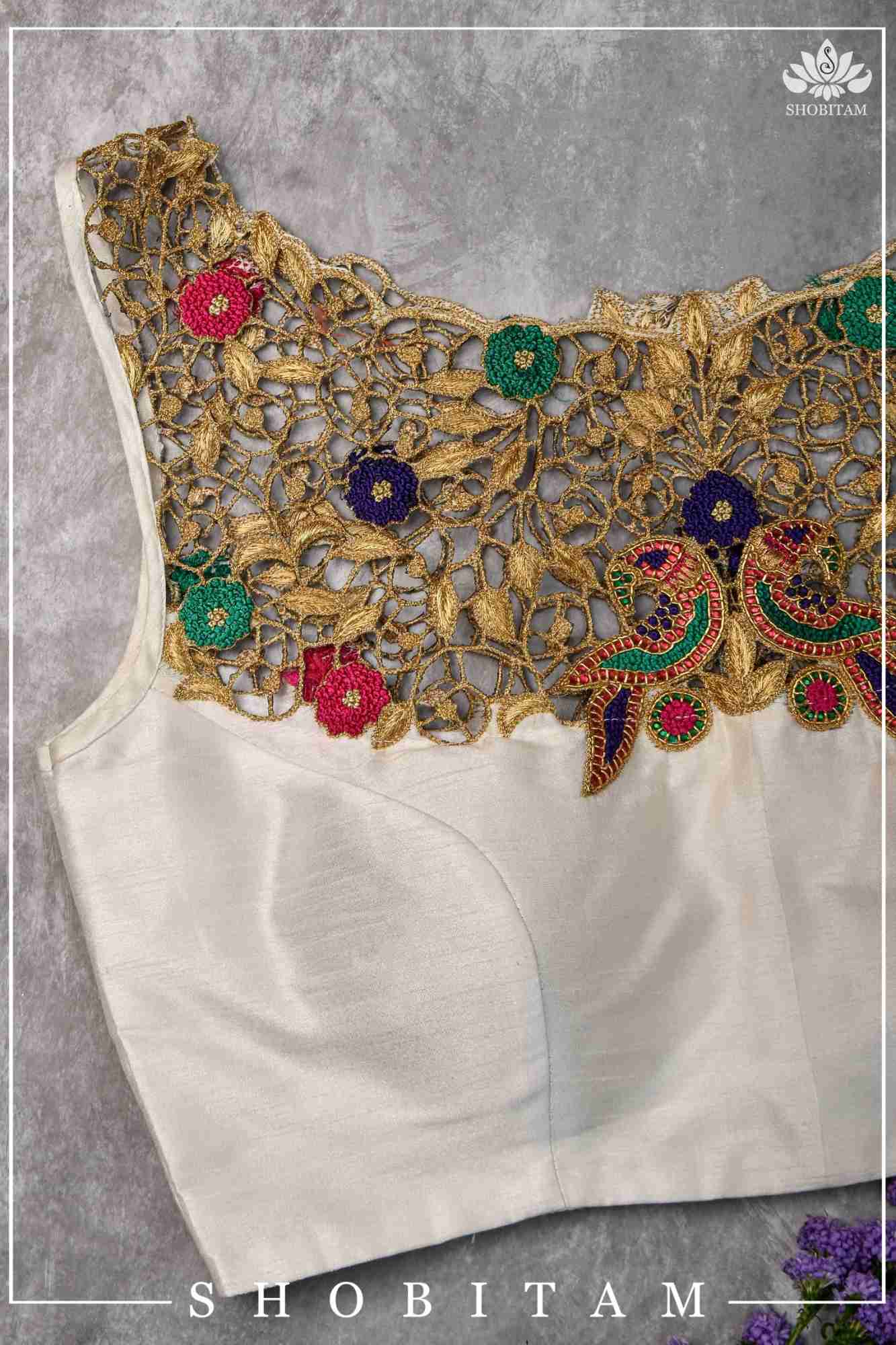 Make your own size: Hand Cutwork Yoke raw Silk Blouse with meenakari resham |Shobitam Blouse