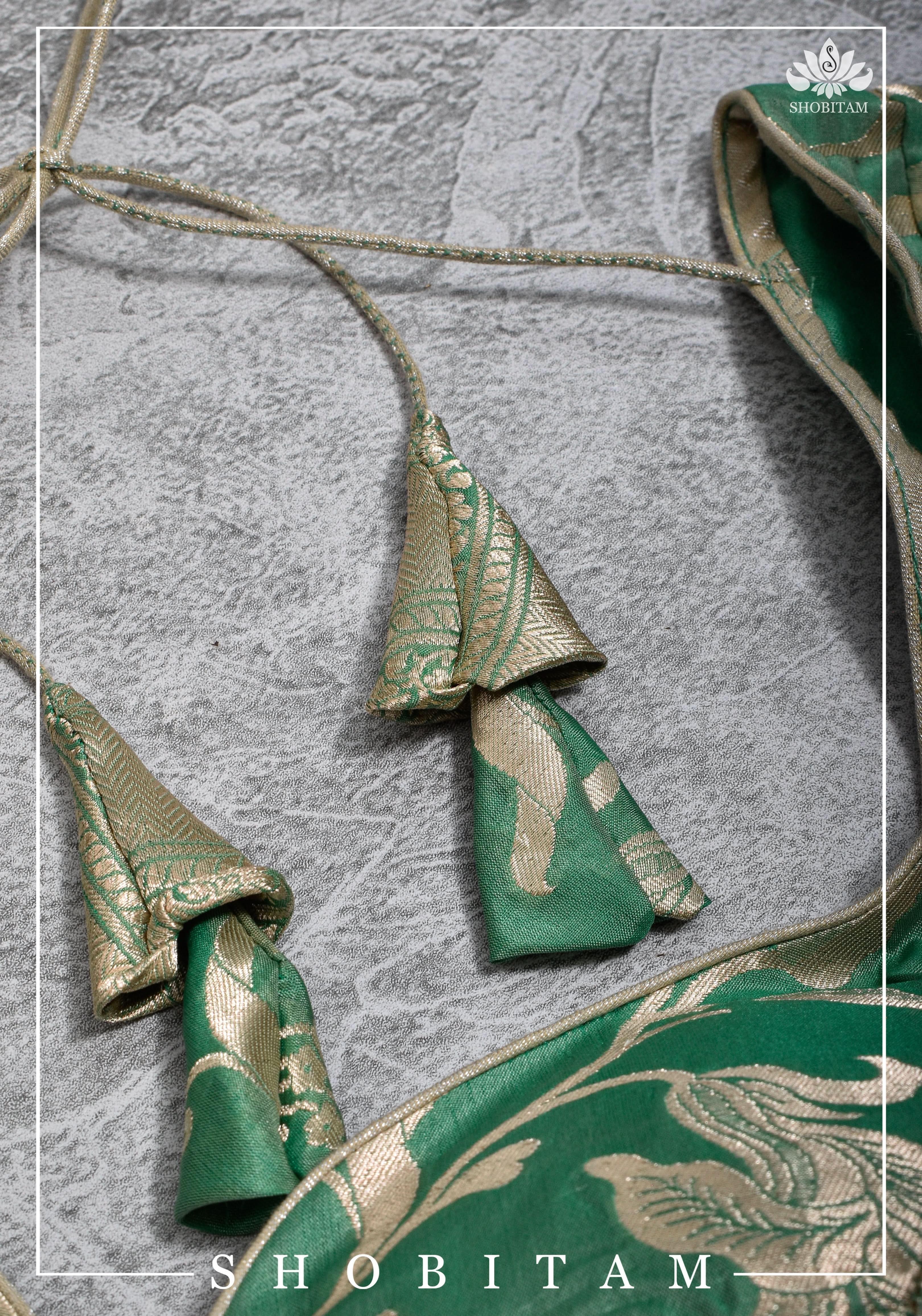 Size 42 Pure Silk Plunge Neck Blouse In Sea Green with Jaal Zari  | Shobitam Saree