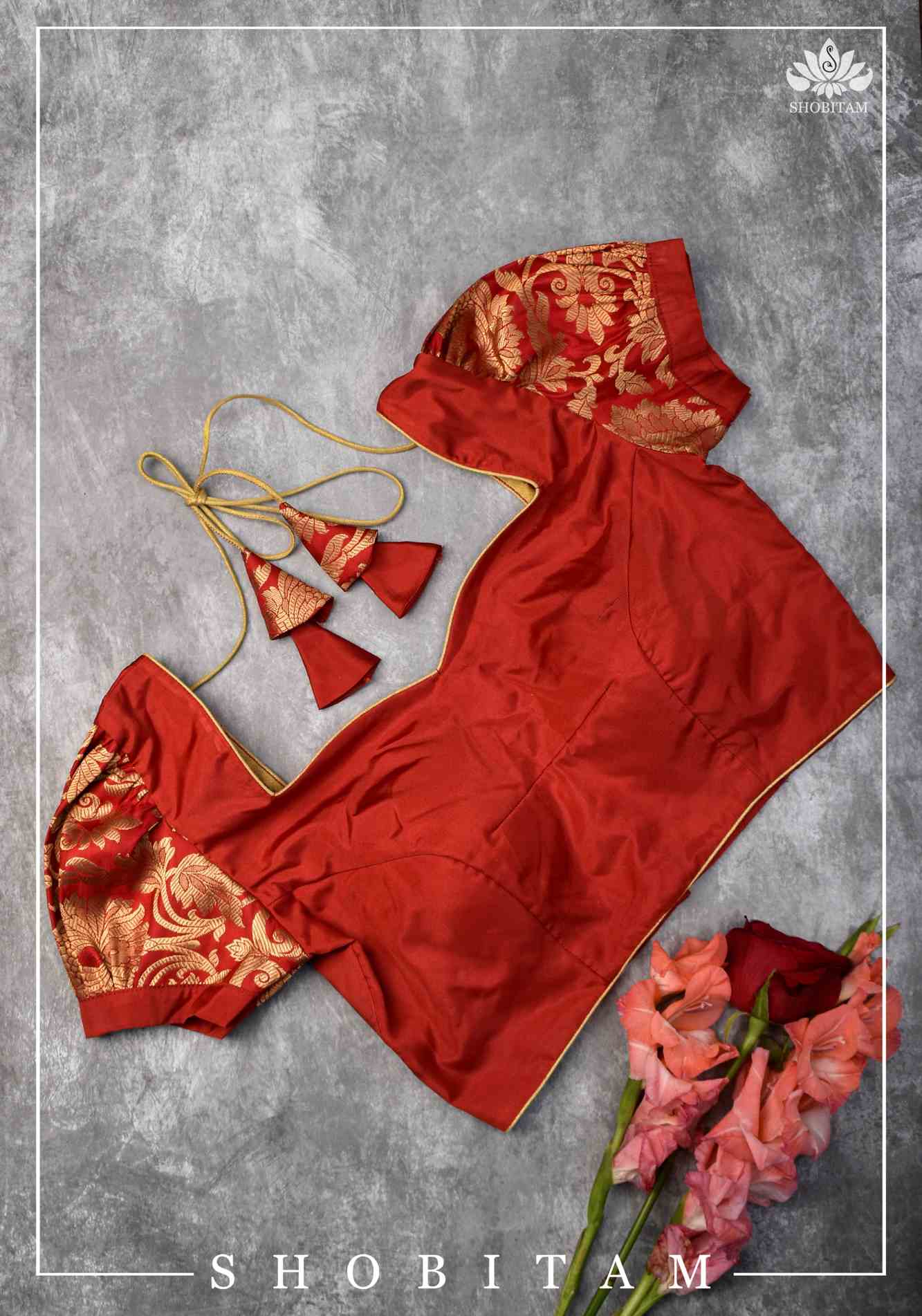 Pure Katan Silk Blouse in Red with Puff Sleeve | Shobitam Blouse