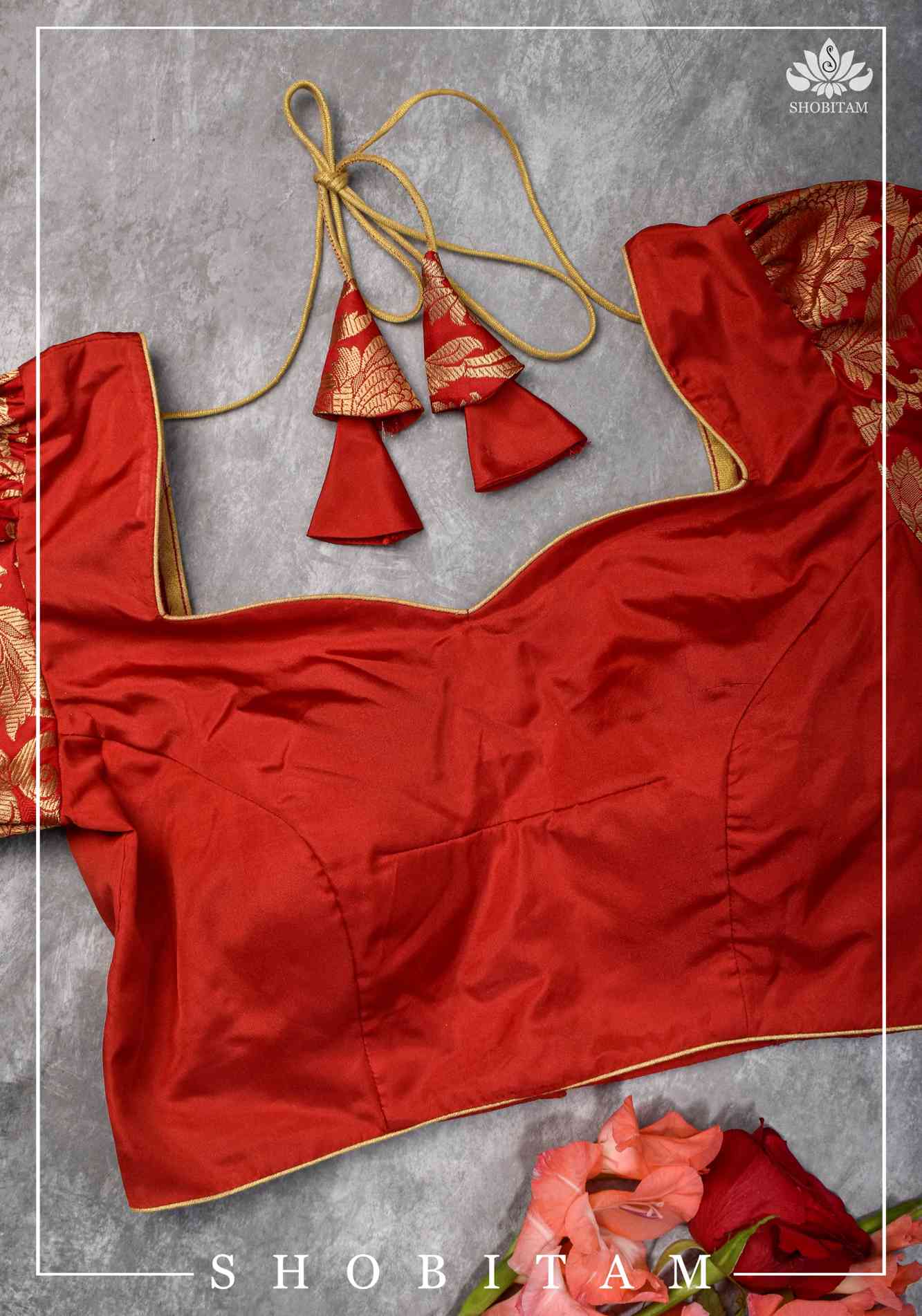 Pure Katan Silk Blouse in Red with Puff Sleeve | Shobitam Blouse