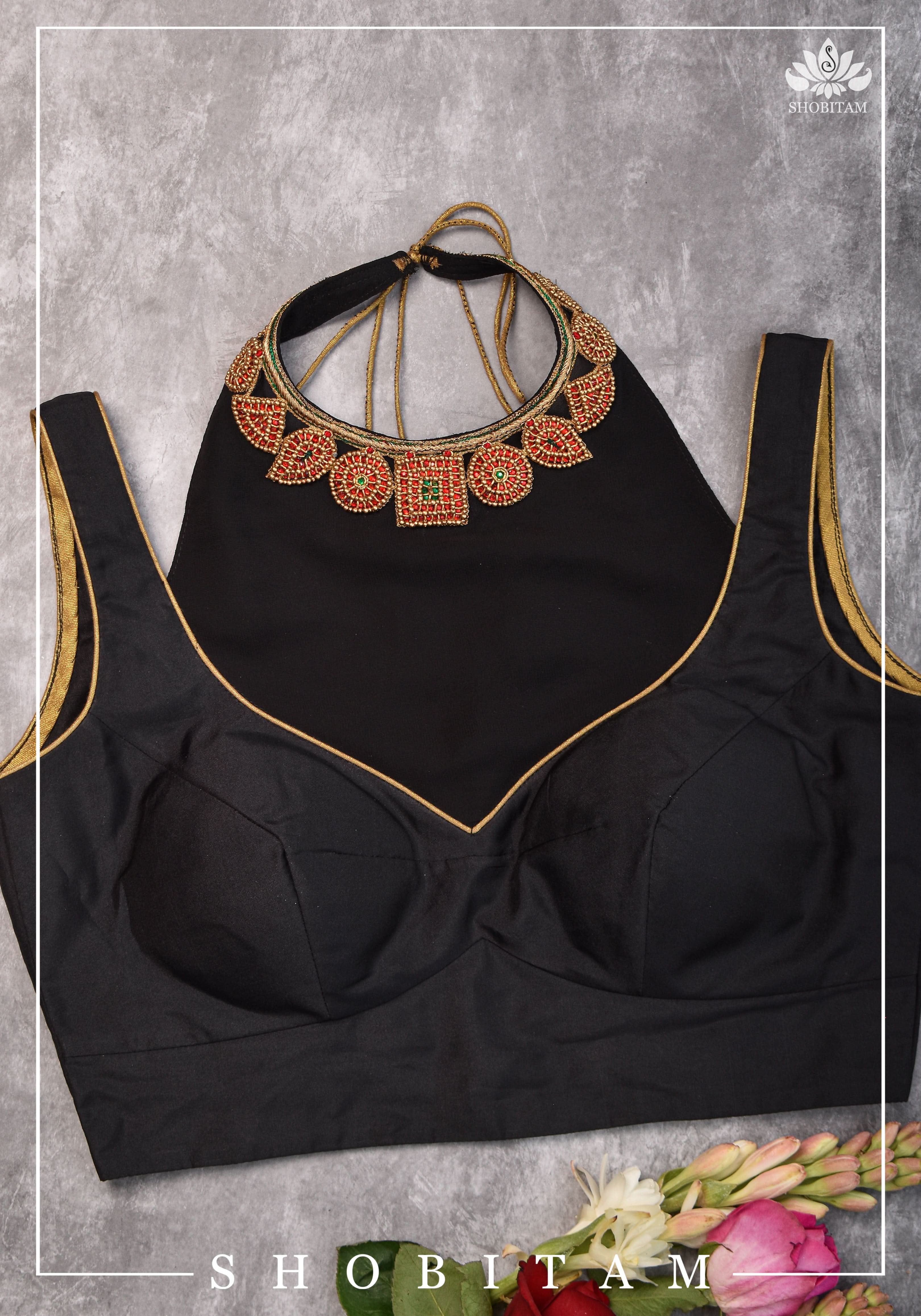 Made to order: Necklace Design Jadau Ornamental Blouse with Georgette Yoke in Black | Shobitam