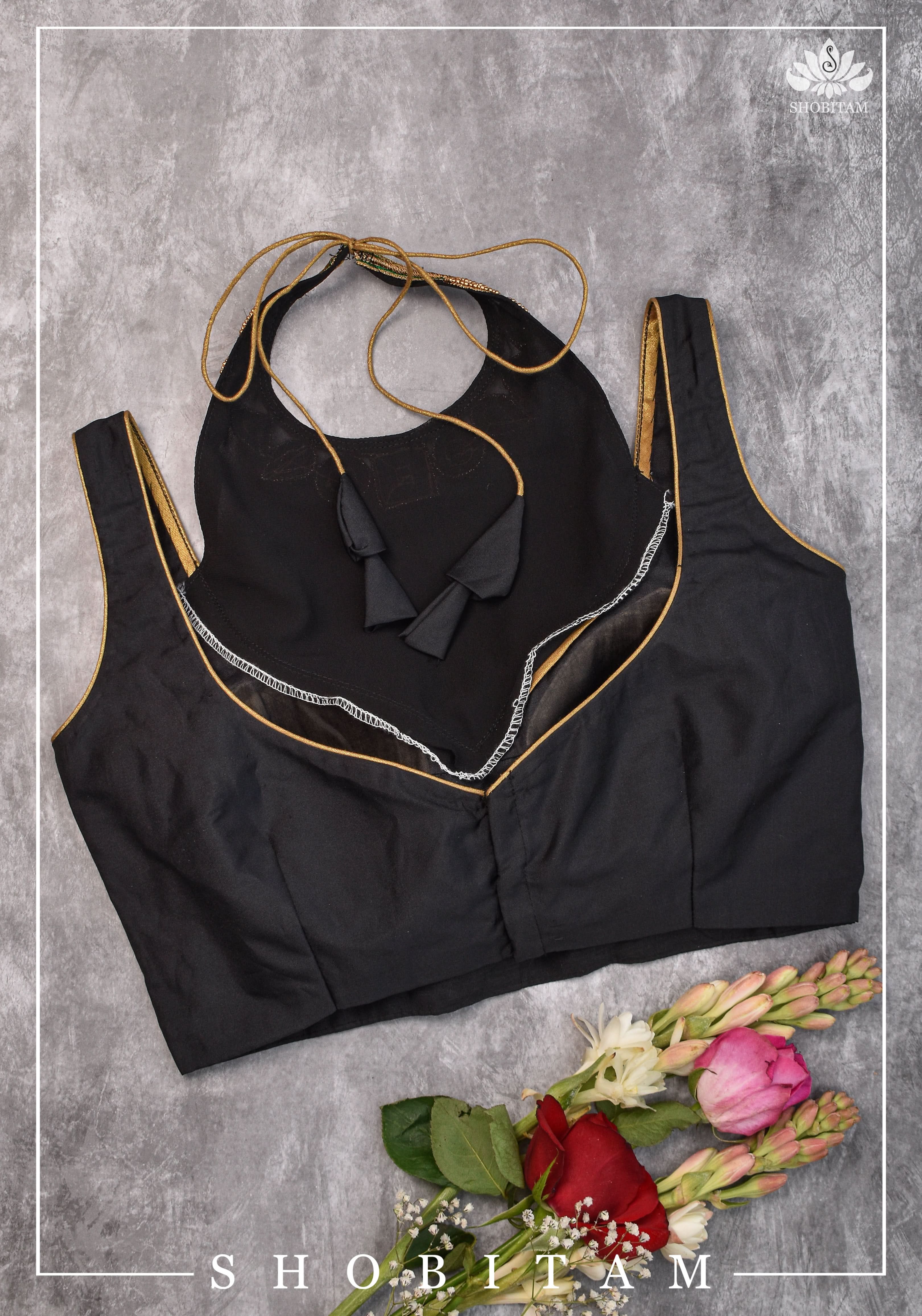 Made to order: Necklace Design Jadau Ornamental Blouse with Georgette Yoke in Black | Shobitam