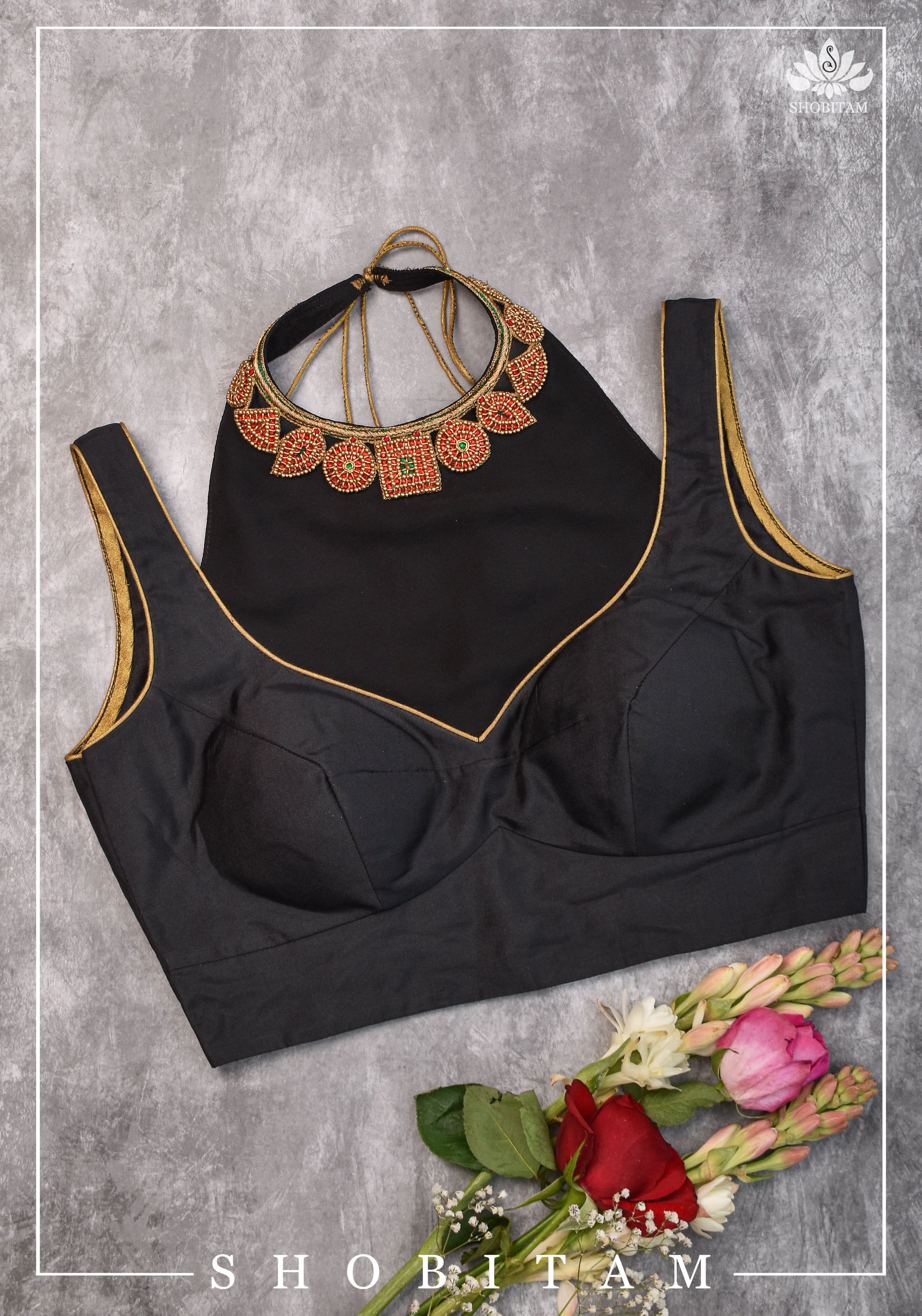 Made to order: Necklace Design Jadau Ornamental Blouse with Georgette Yoke in Black | Shobitam