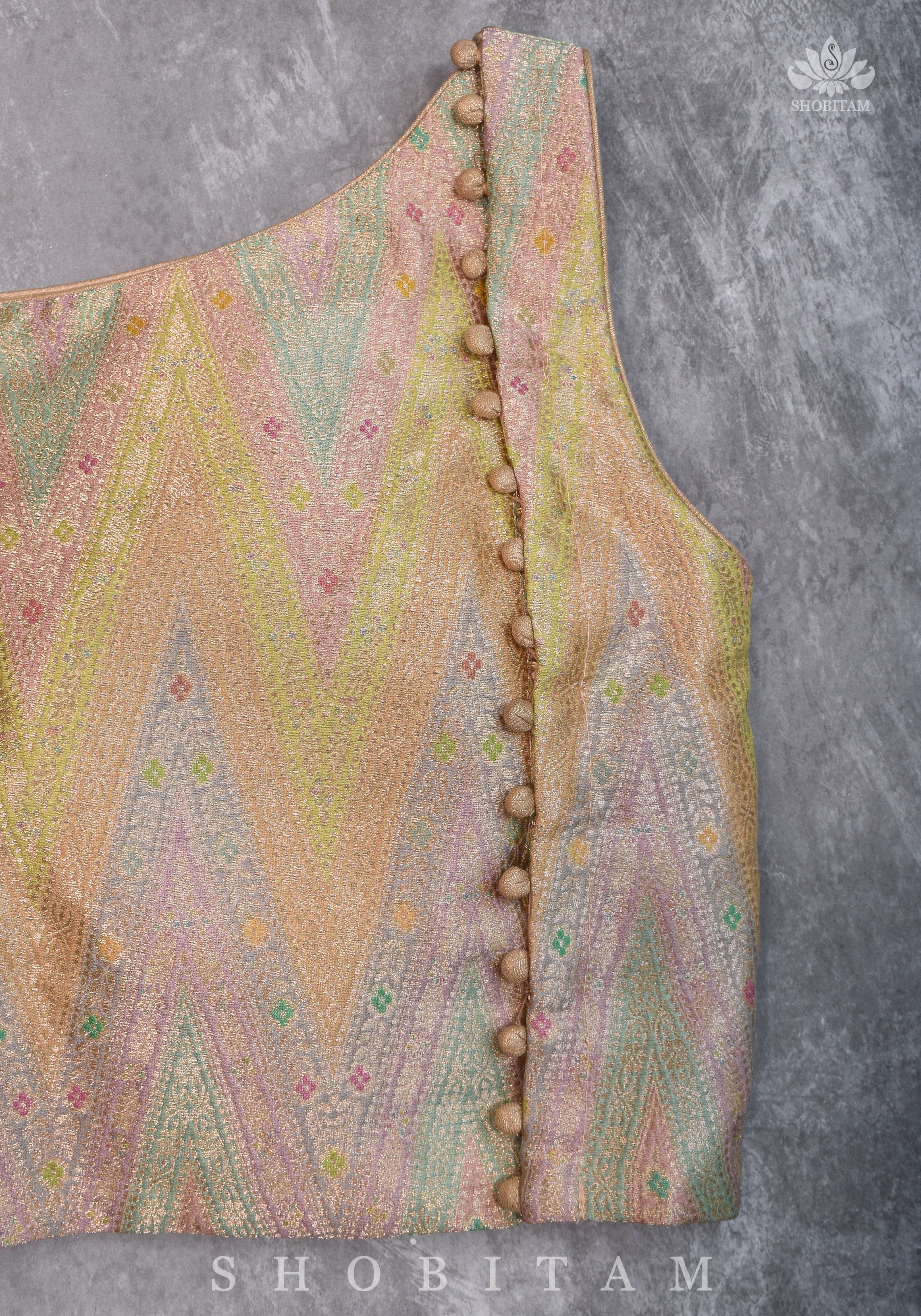 Banarasi Brocade Pastel Mix and Match Blouse with Side-back Closure and Potli Buttons | Shobitam