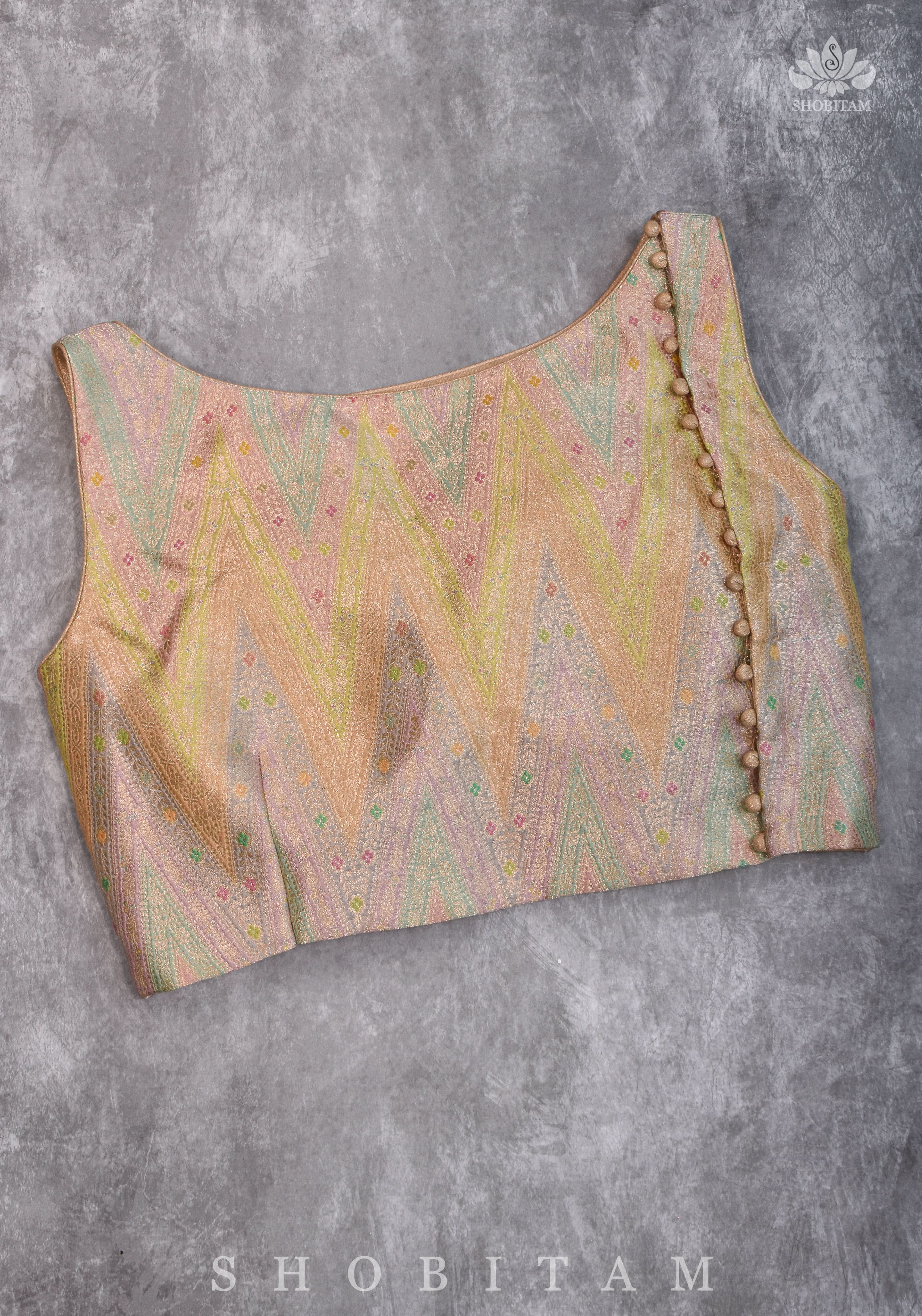 Banarasi Brocade Pastel Mix and Match Blouse with Side-back Closure and Potli Buttons | Shobitam