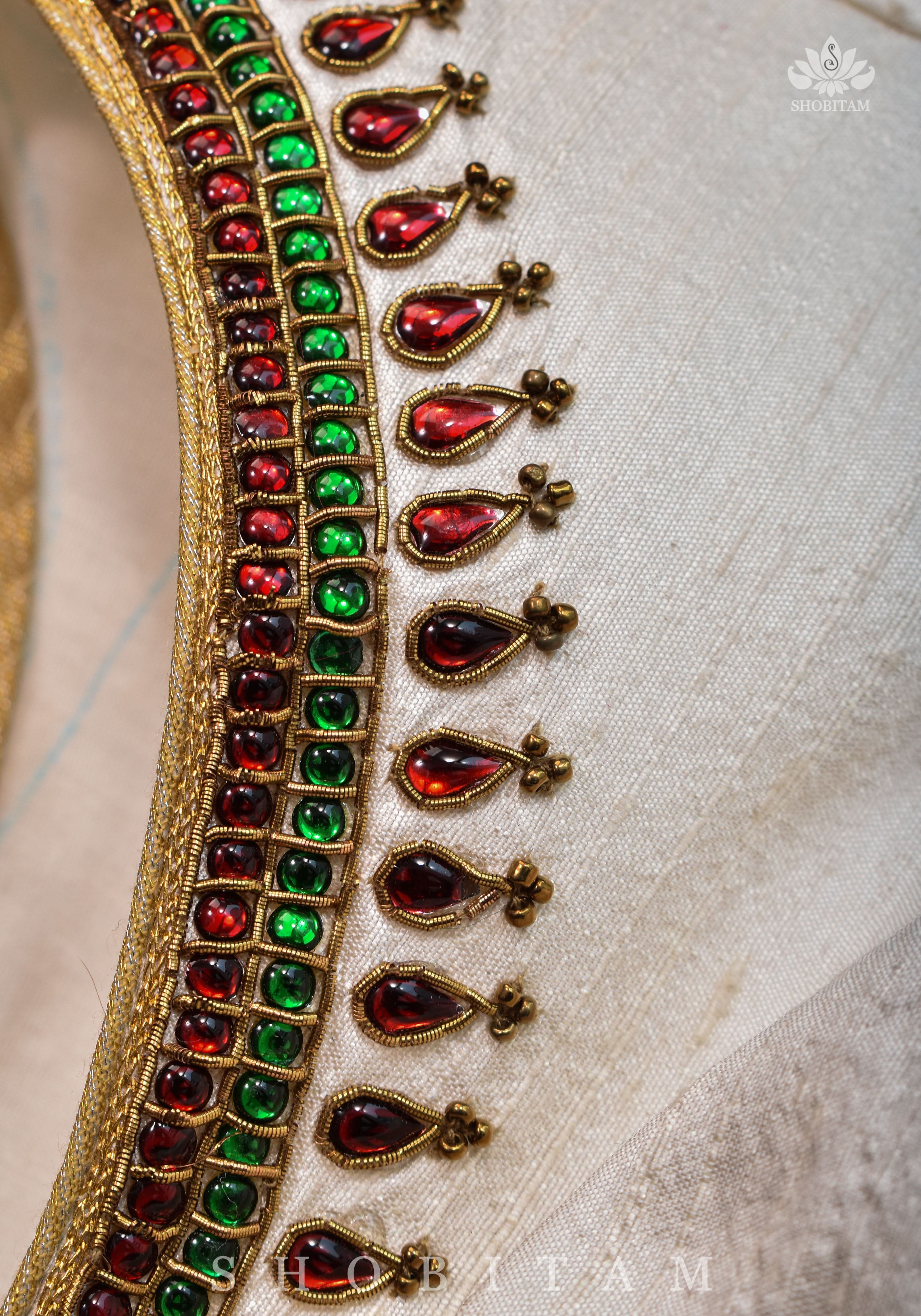 Ivory Pure Raw Silk Blouse with Kemp work detailing on boat neck and Jadau back buttons | Shobitam