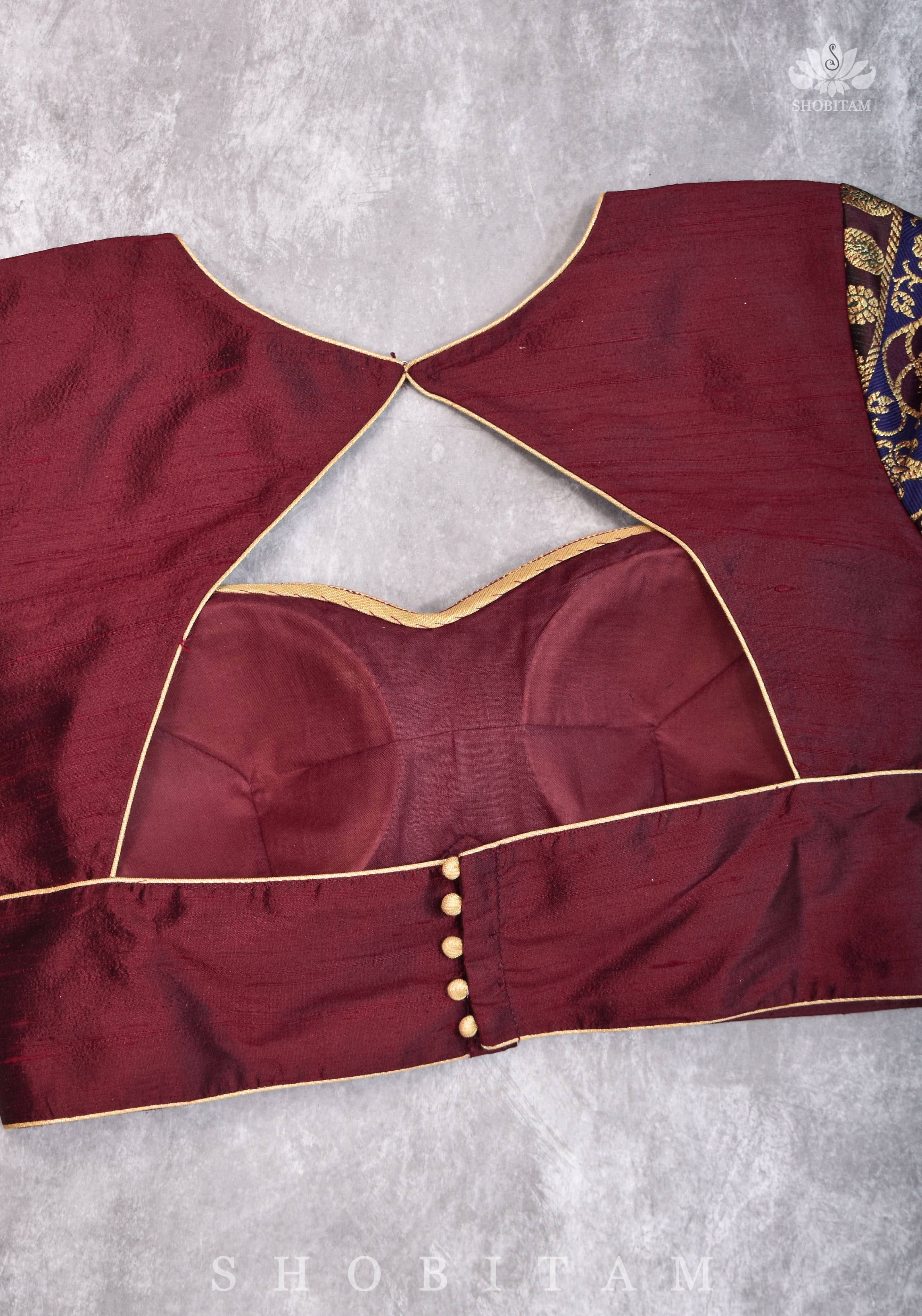 Pure Raw Silk and Below elbow sleeve Sleeve Banarasi Brocade Blouse in Maroon | Shobitam