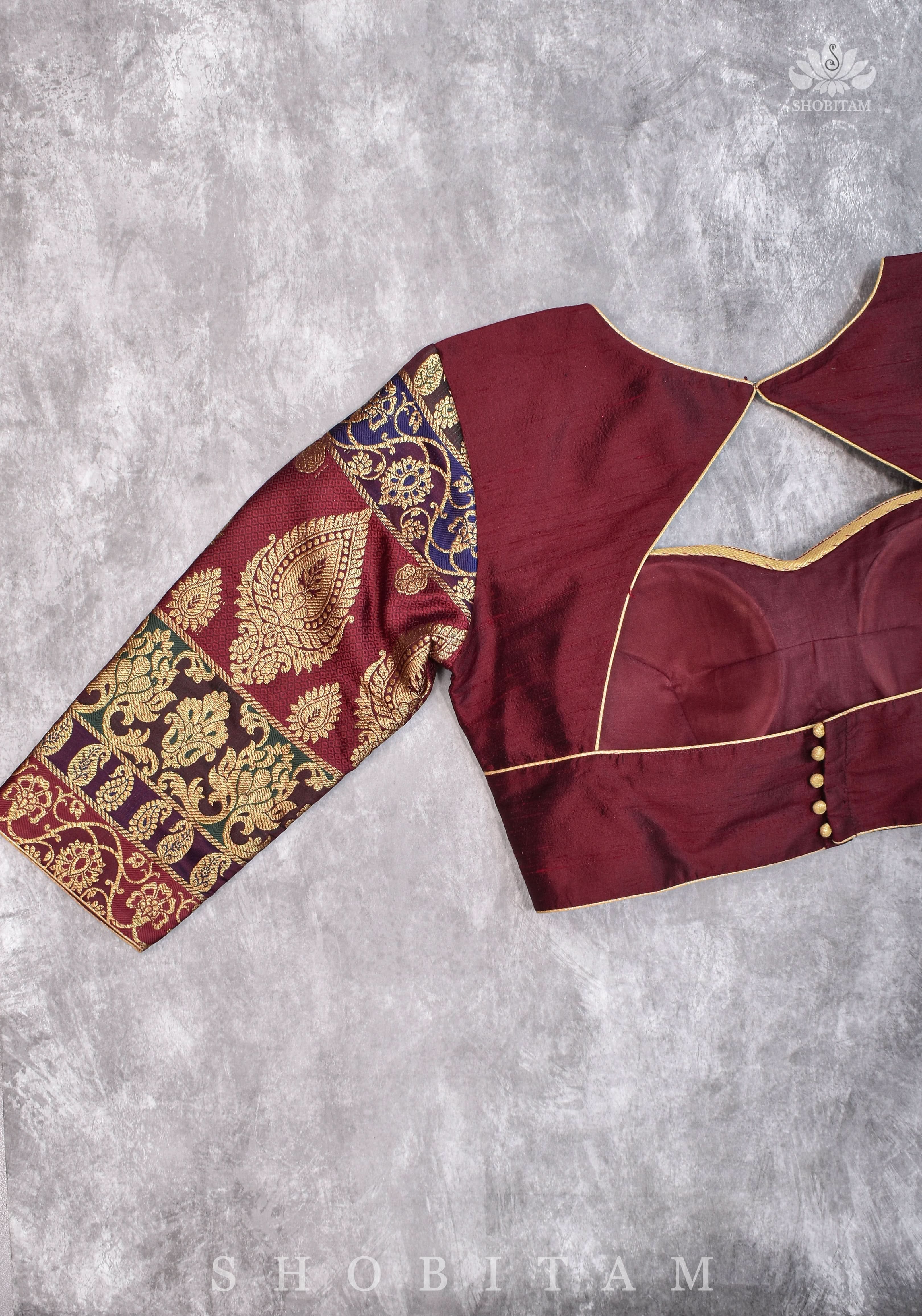 Pure Raw Silk and Below elbow sleeve Sleeve Banarasi Brocade Blouse in Maroon | Shobitam