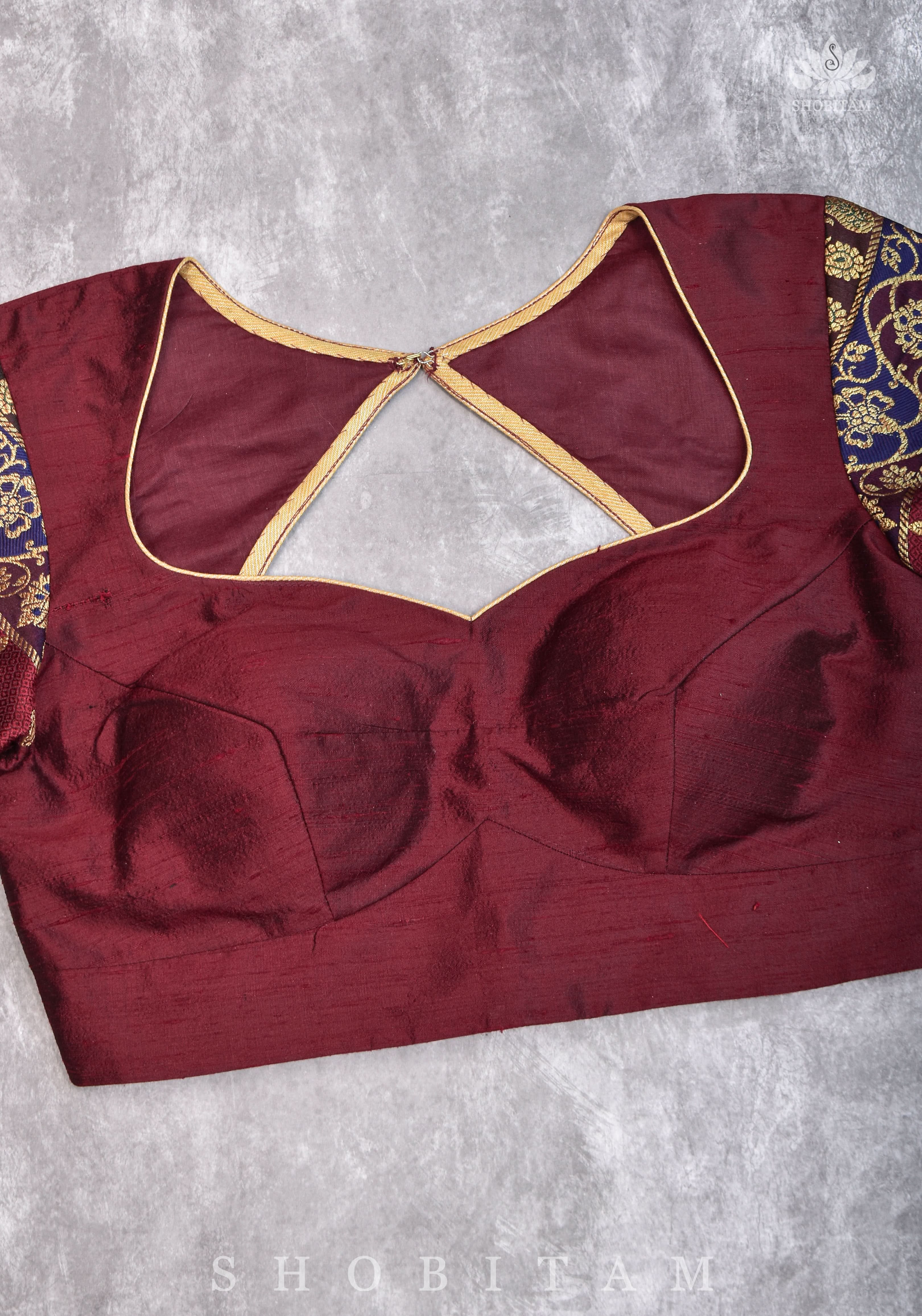 Pure Raw Silk and Below elbow sleeve Sleeve Banarasi Brocade Blouse in Maroon | Shobitam
