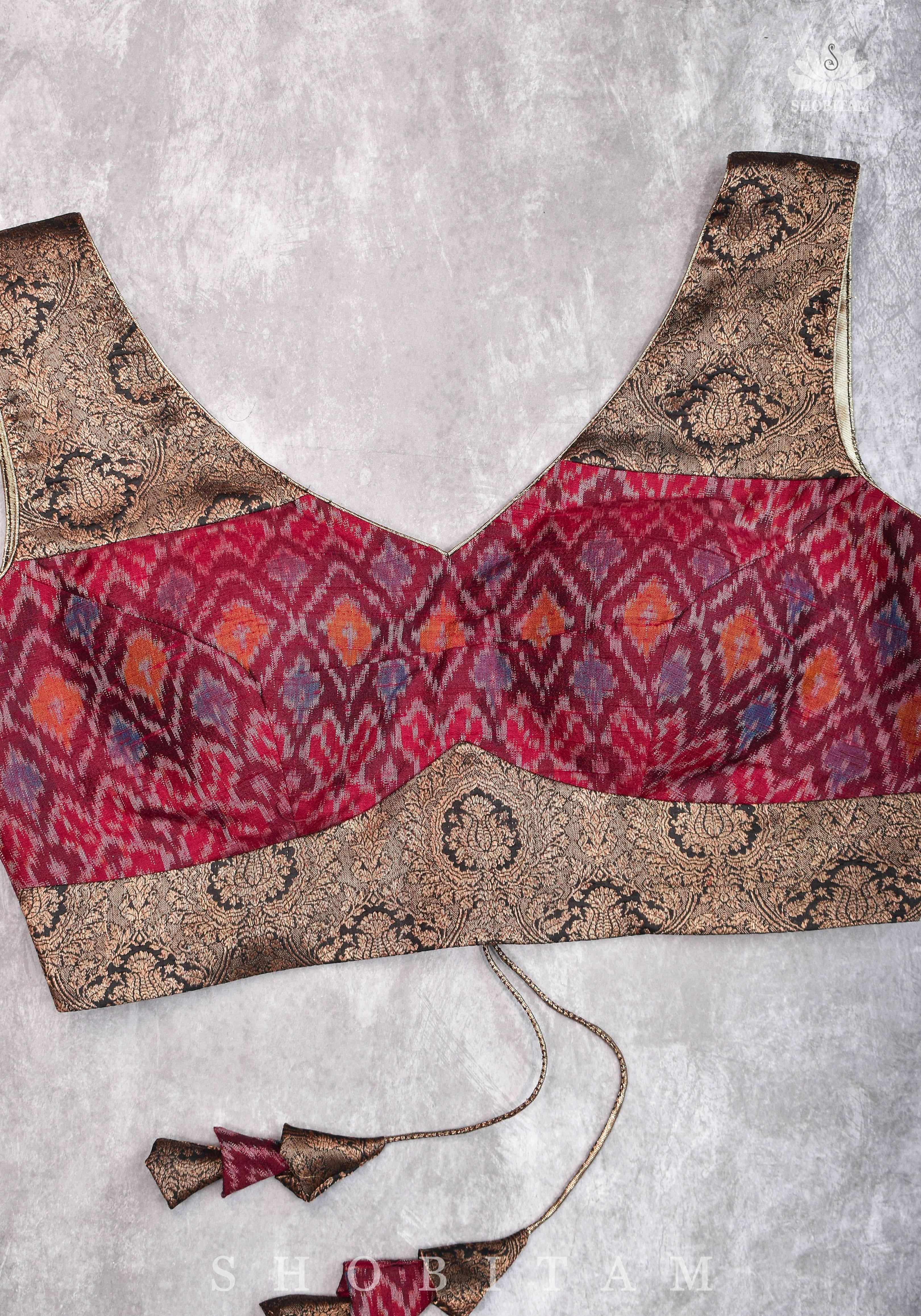 Pure Raw Silk with Ikkat weave and Banarasi pure silk brocade Blouse in maroon and Black | Shobitam