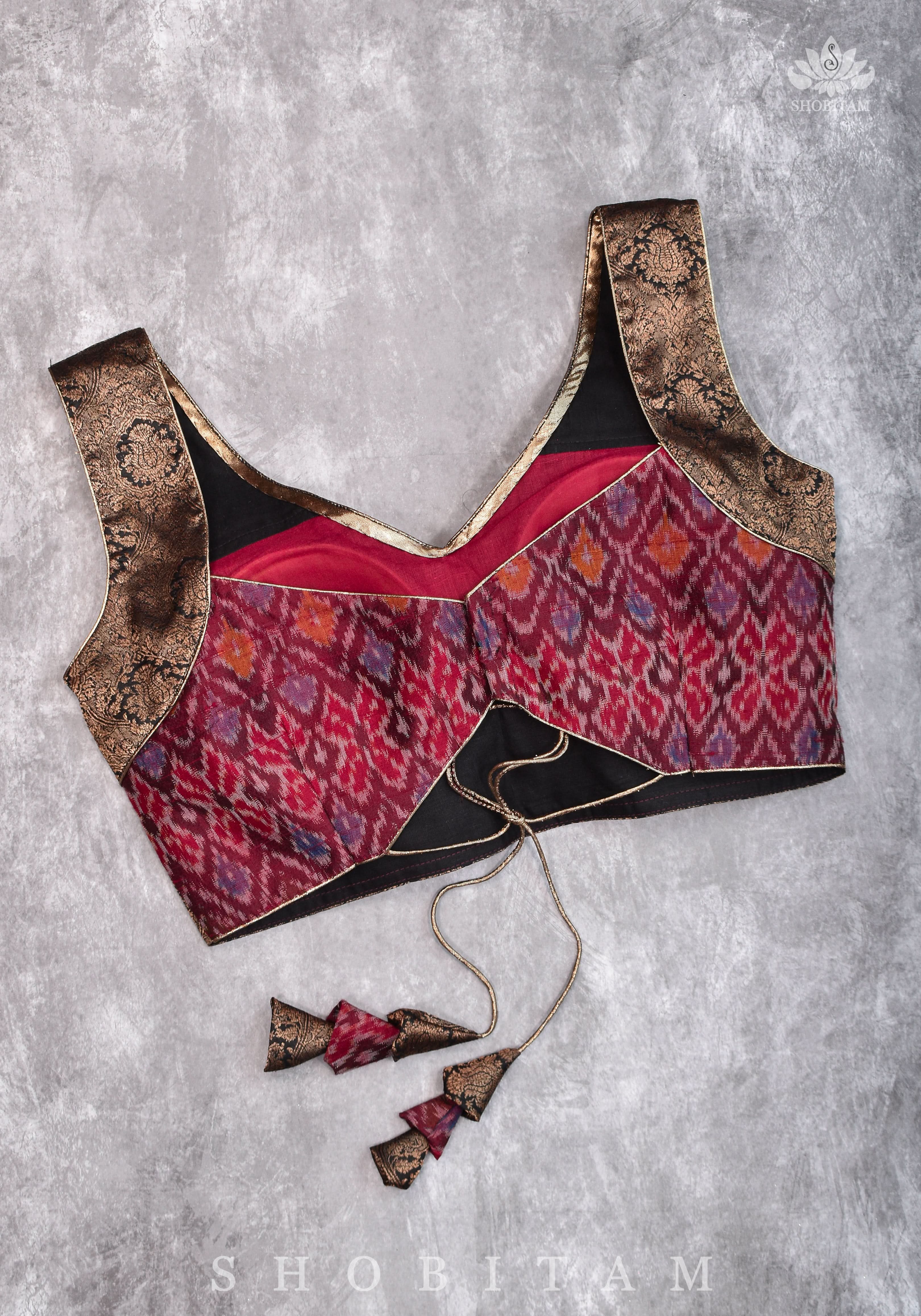 Pure Raw Silk with Ikkat weave and Banarasi pure silk brocade Blouse in maroon and Black | Shobitam
