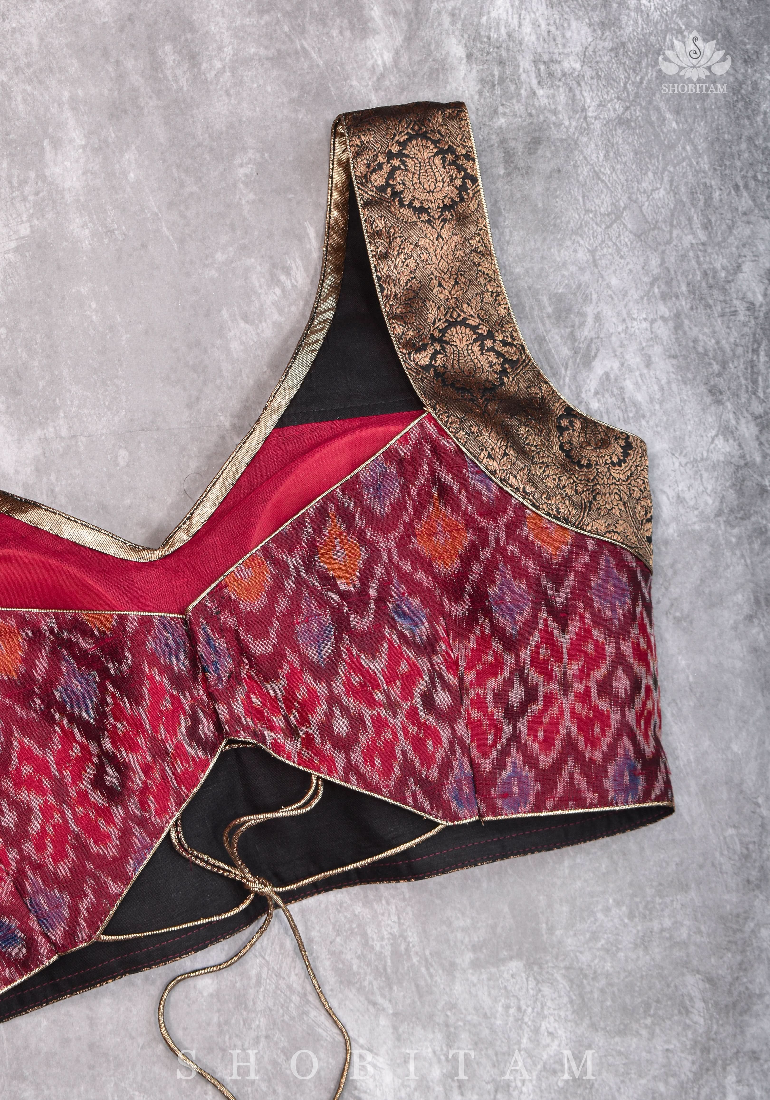Pure Raw Silk with Ikkat weave and Banarasi pure silk brocade Blouse in maroon and Black | Shobitam
