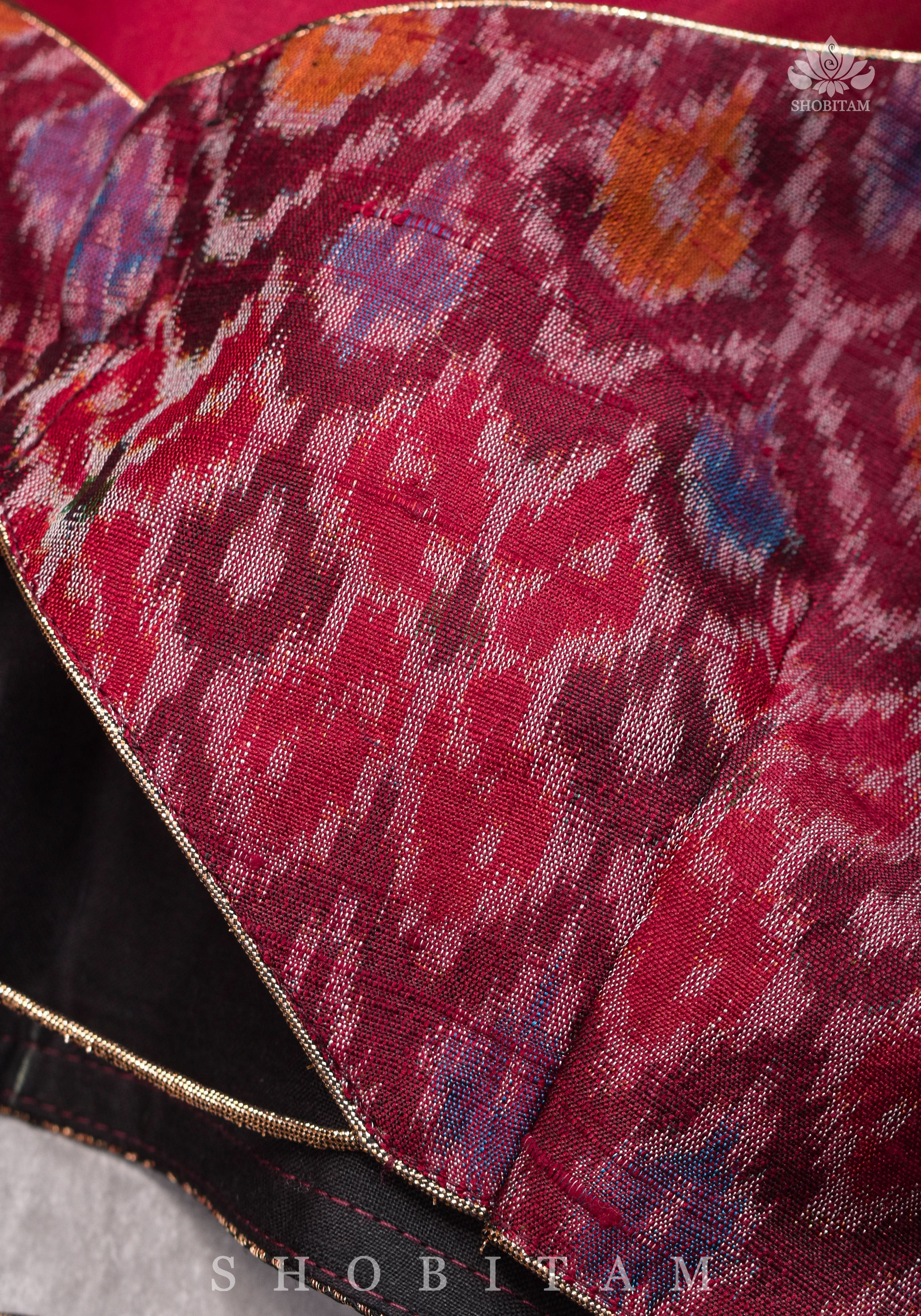 Pure Raw Silk with Ikkat weave and Banarasi pure silk brocade Blouse in maroon and Black | Shobitam